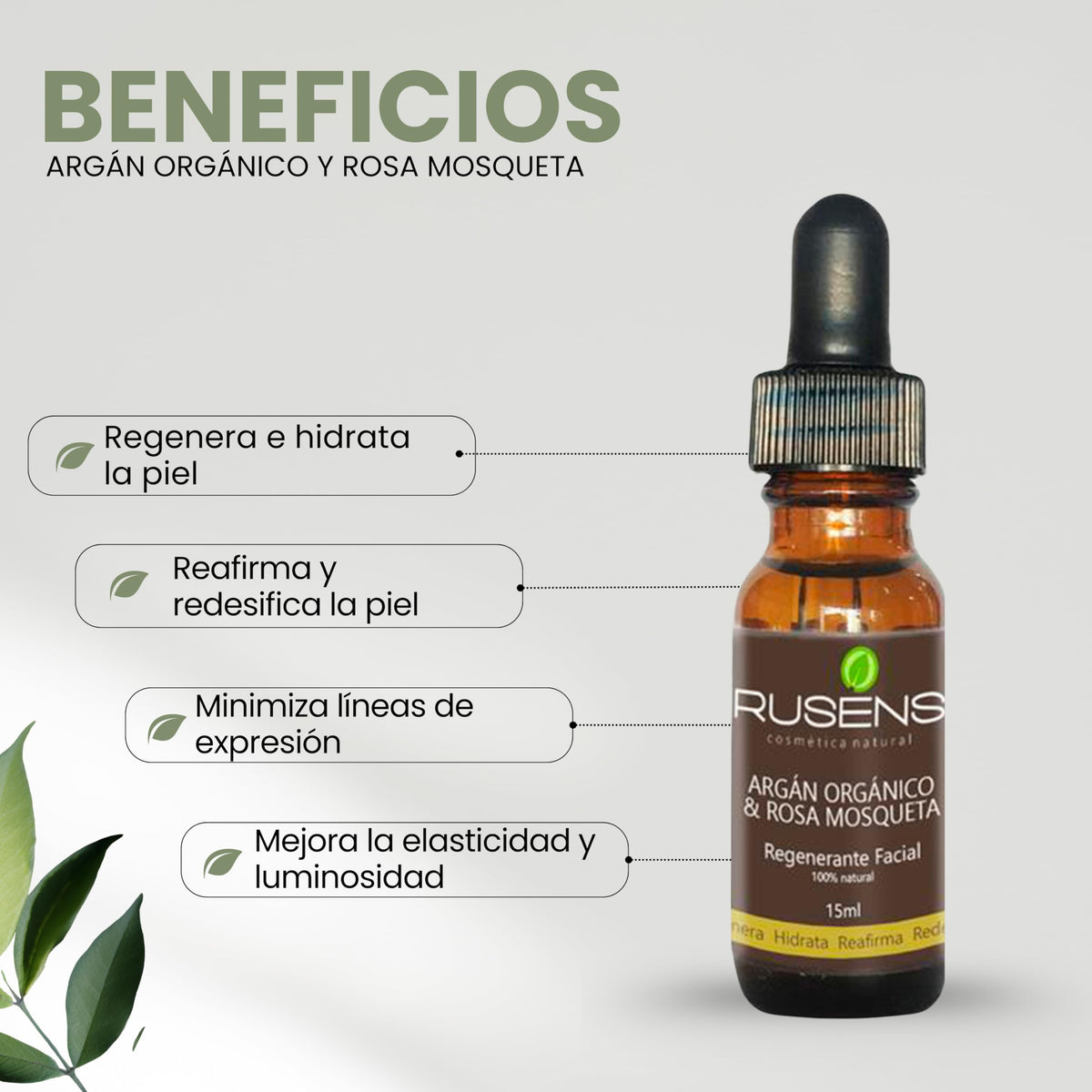 Rusens - Aceite Regenerante y Antiedad de Argán Orgánico y Rosa mosqueta 100% natural, Disminuye Líneas de Expresión y Regenera la Piel