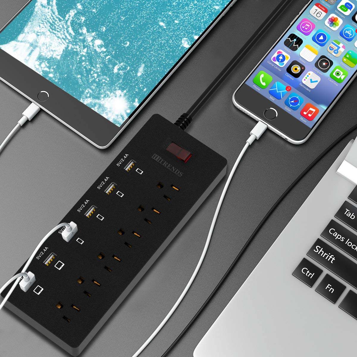 HITRENDS Protector contra sobretensiones de regleta de enchufes con 6 Salidas de CA y 6 Puertos USB 1,8 m, 1625 W/13 A multiconector para Oficina en casa, Negro