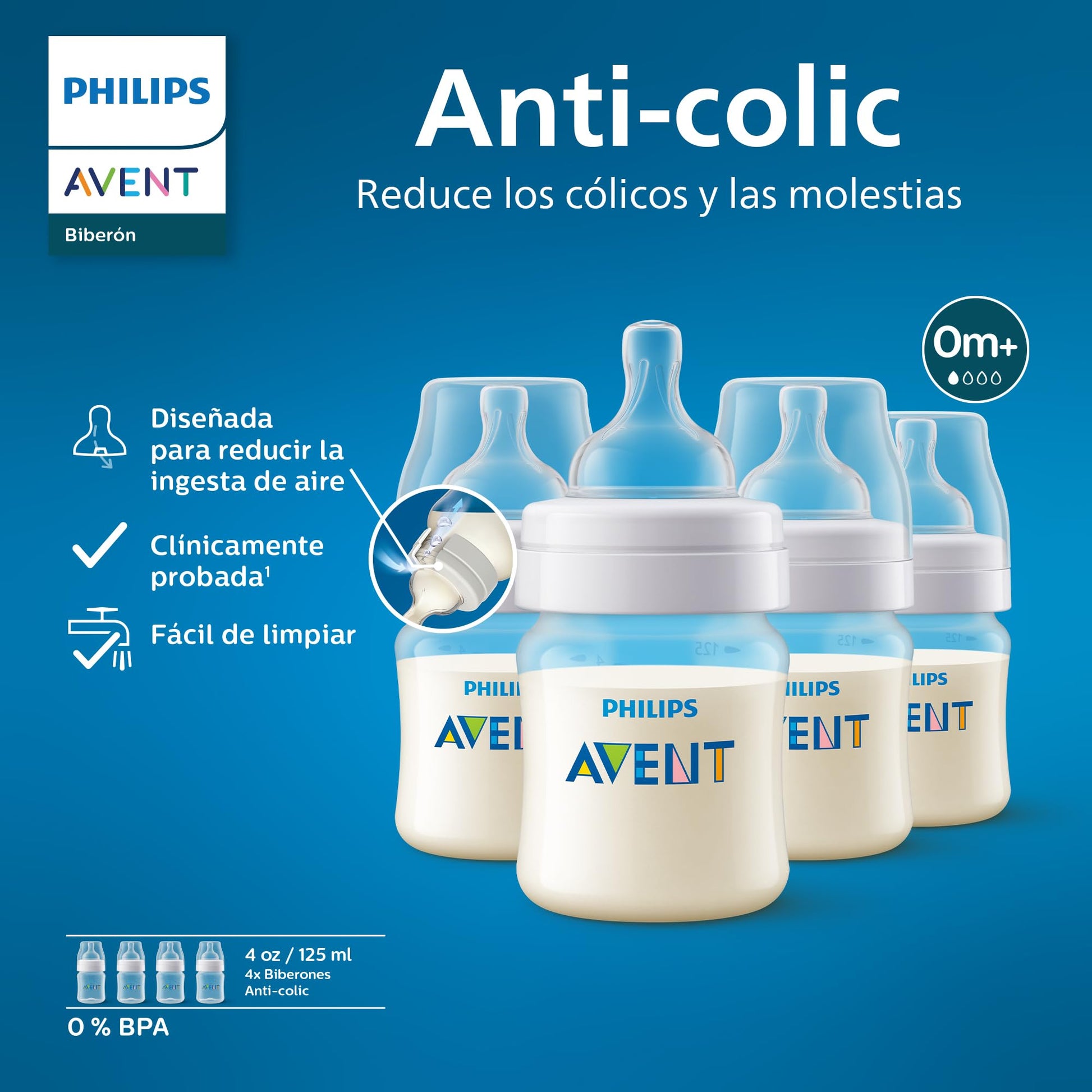 Biberón Philips Avent Azul con Válvula Anticólicos 125 ml 4 piezas