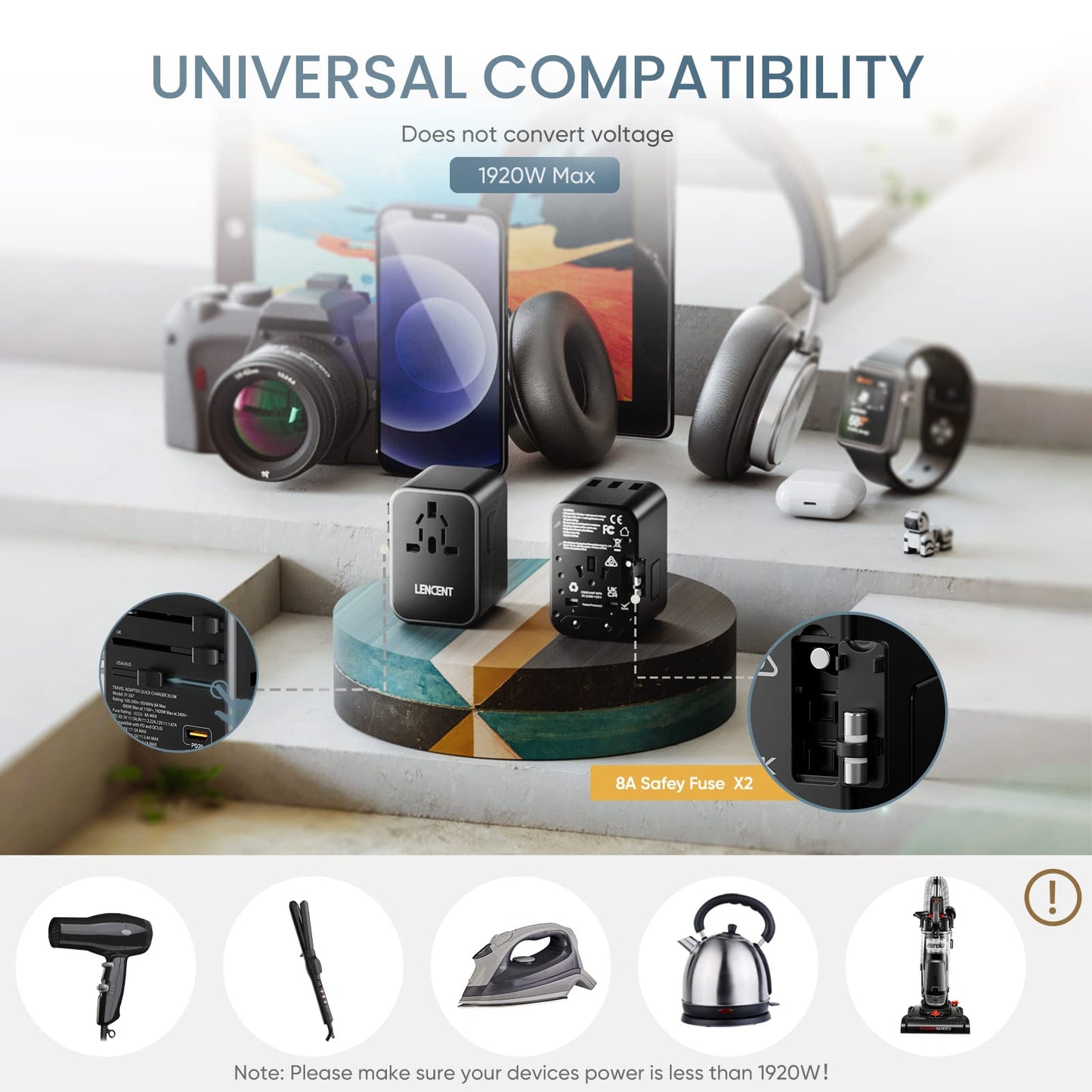 LENCENT Adaptador Universal de Viaje, Cargador Internacional con 3 Puertos USB & 2 PD USB-C, Adaptador Cargador Europeo con Enchufe Tipo A/C/G/I para USA/UE/Reino Unido/Australia/Argentina/China