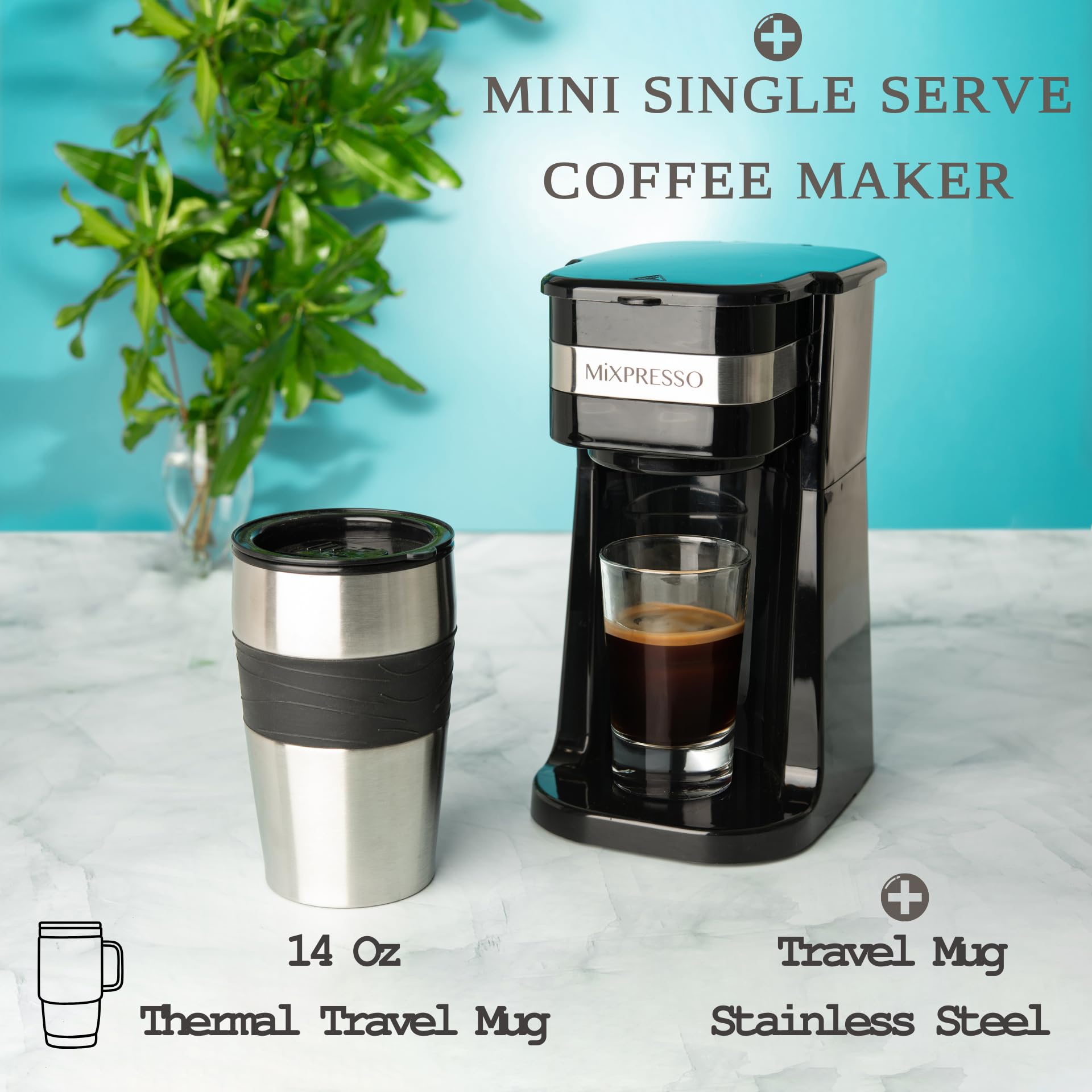 Cafetera Personal 2 en 1 Ultimate Portátil y Ligera Negra con Termo de 14oz y Filtro Reutilizable Eco-Friendly