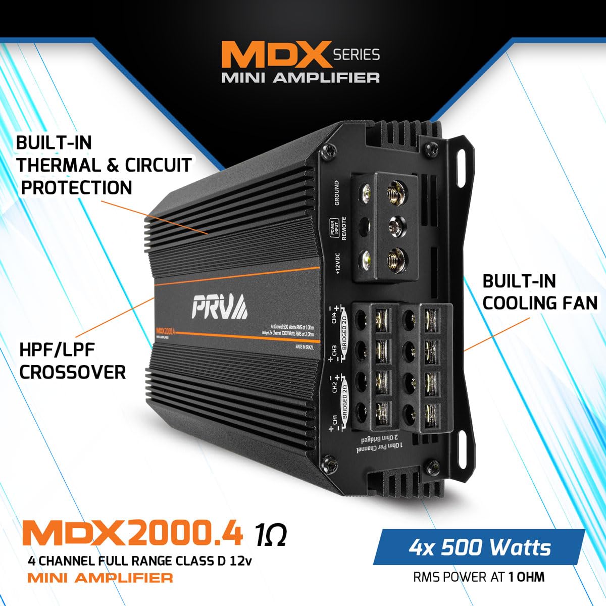 Amplificador de Audio para Coche PRV Audio MDX2000.4 4 Canales 1 Ohmio 2000 Vatios 12 Voltios para Deportes de Potencia y Motocicletas