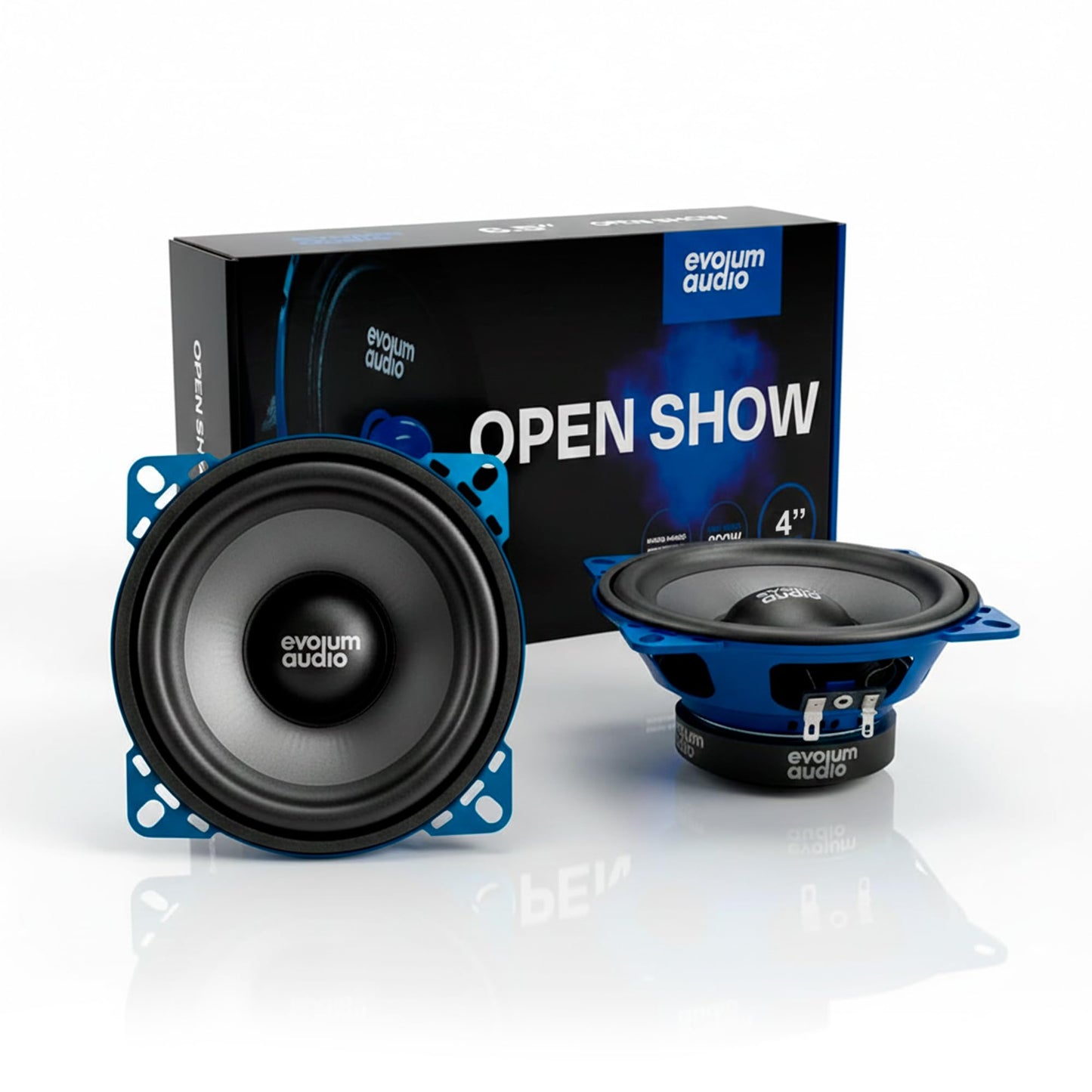 Evolum Audio - Kit Bocinas Medio Rango - Sonido Claro y Potente - Cono de Papel de Titanio - Potencia RMS de 100 W - Materiales de Calidad - Fácil Instalación - Modelo Open Show (4 in)