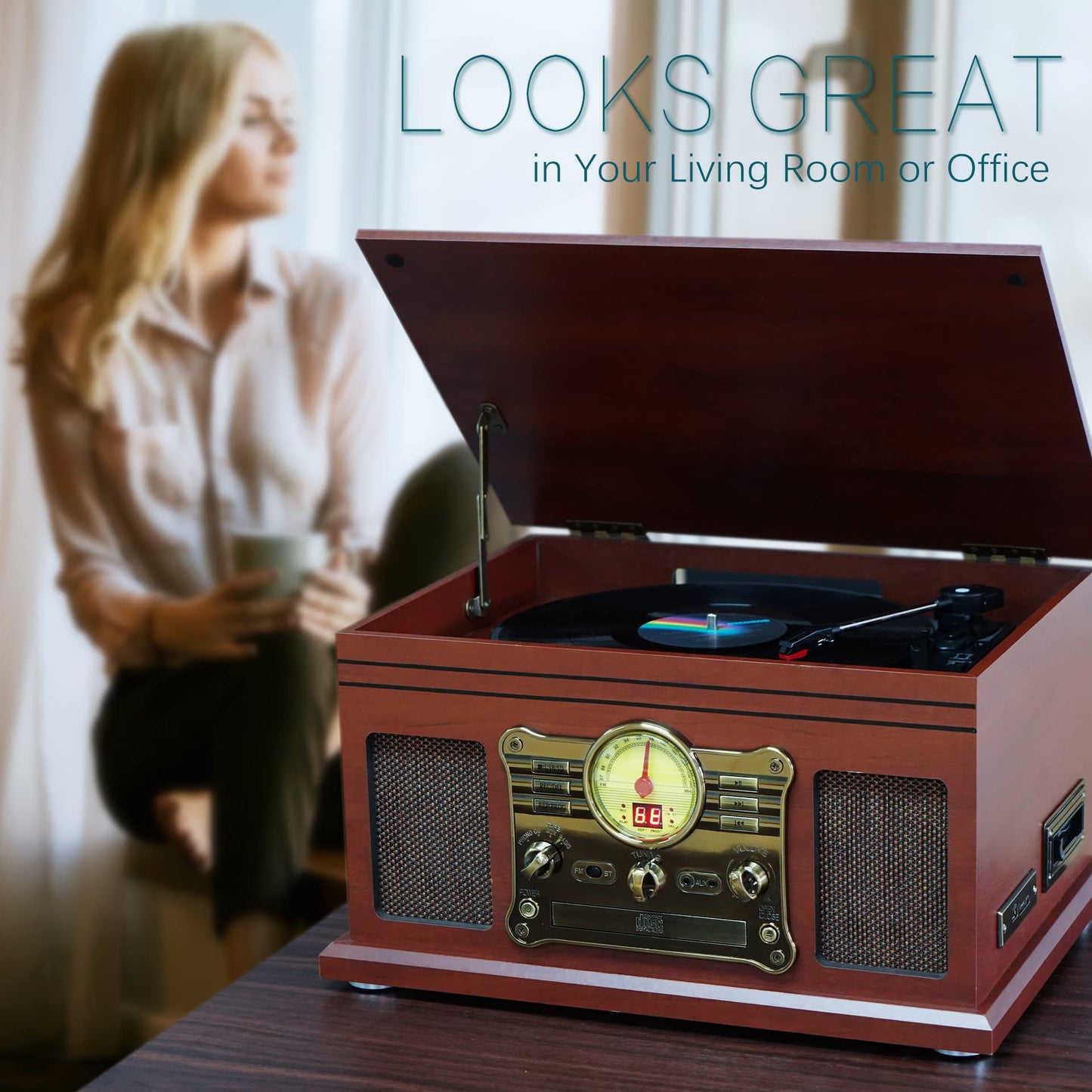 Kedok Tocadiscos Bluetooth de Vinilo con Altavoces estéreo, Convertidor de Vinilo LP a MP3 con CD, Reproductor de Casete,Radio FM,Entrada Auxiliar y Tomas de Auriculares