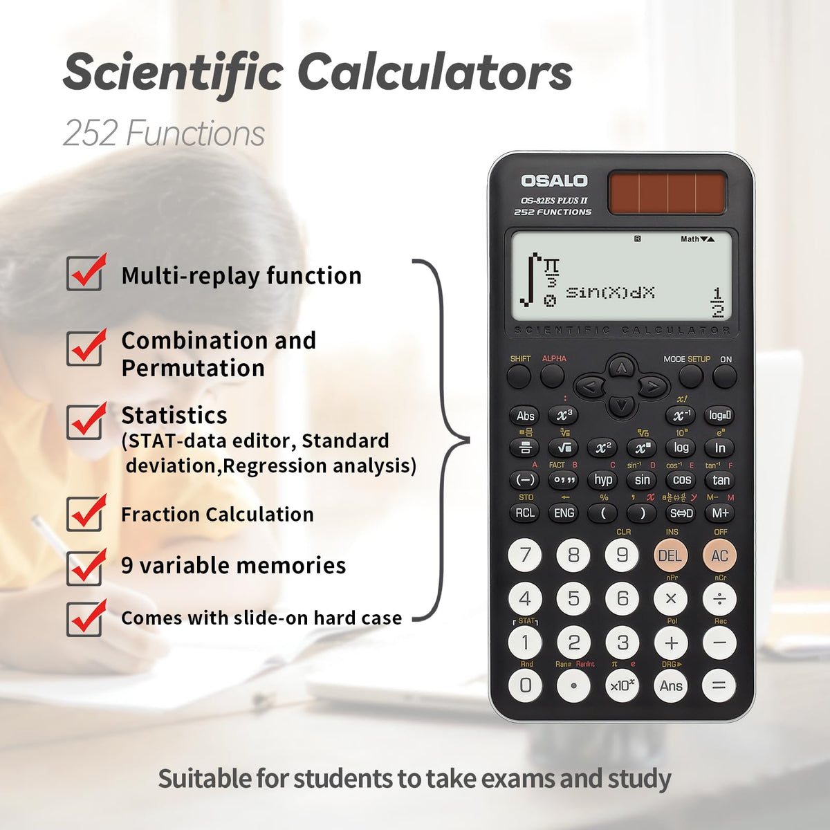 Calculadora Científica OSALO Visualización Escrita 2 Líneas Solar y de Batería para Estudiantes de Secundaria