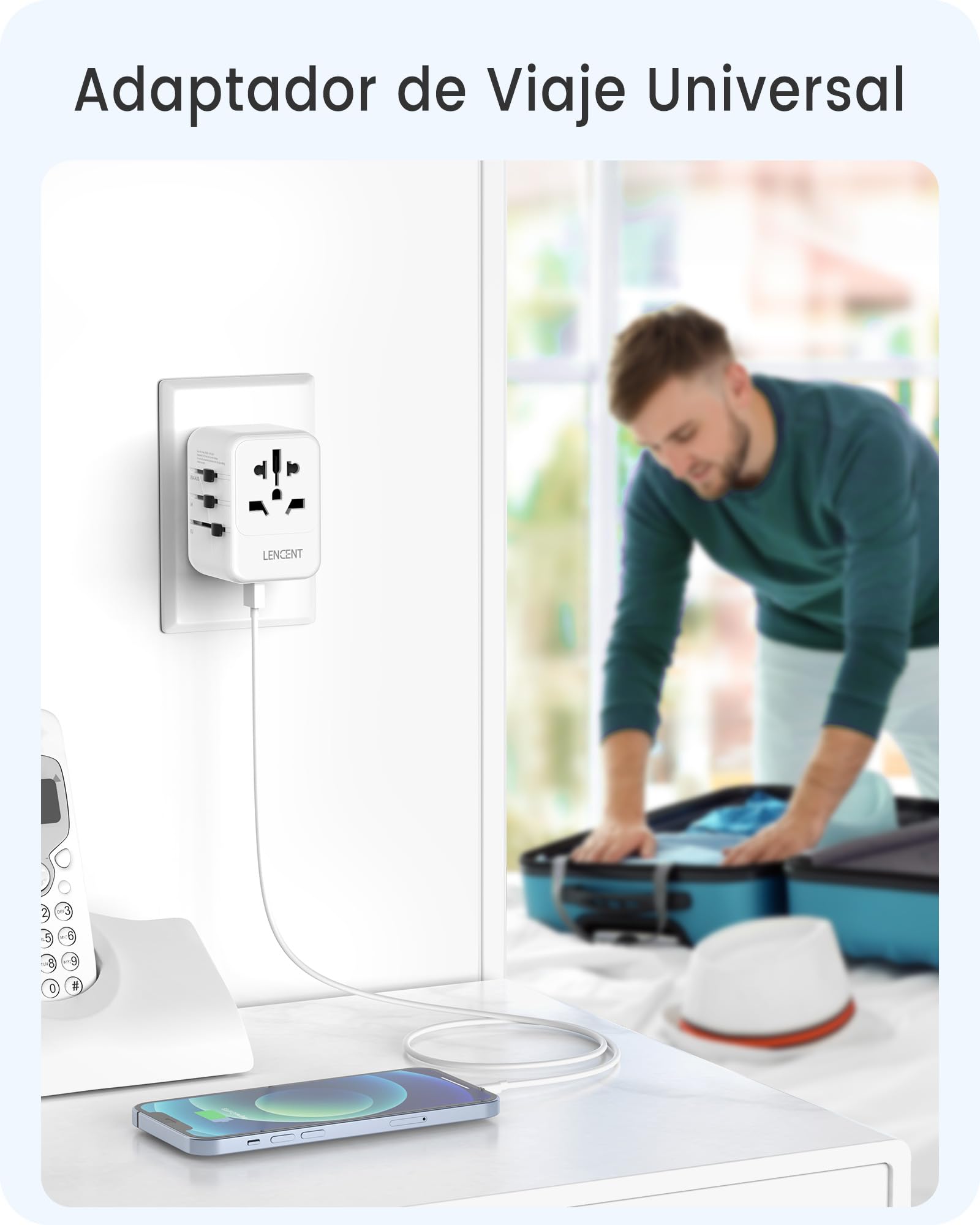 LENCENT Adaptador de Viaje Universal, Cargador Internacional con 3 Puertos USB y PD Tipo-C, para más de 200 países Tipo A/C/G/I (EE. UU, Reino Unido, UE AUS), Blanco