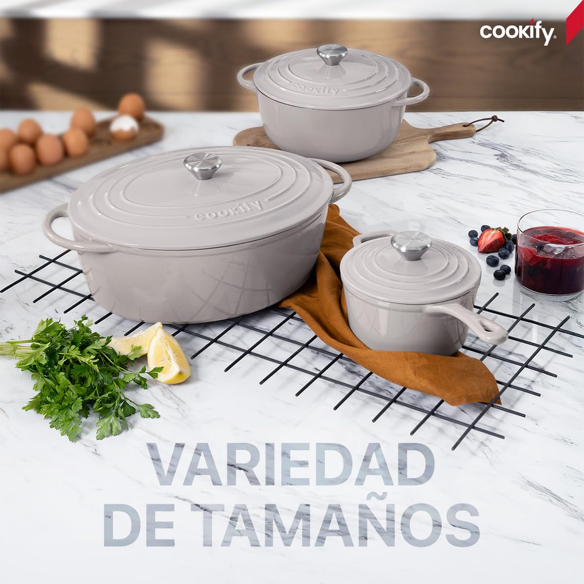 Cookify Olla de Hierro Fundido Esmaltado para Horno y Estufa, Capacidad 1.5 Litros (Taupe, 17 cm)