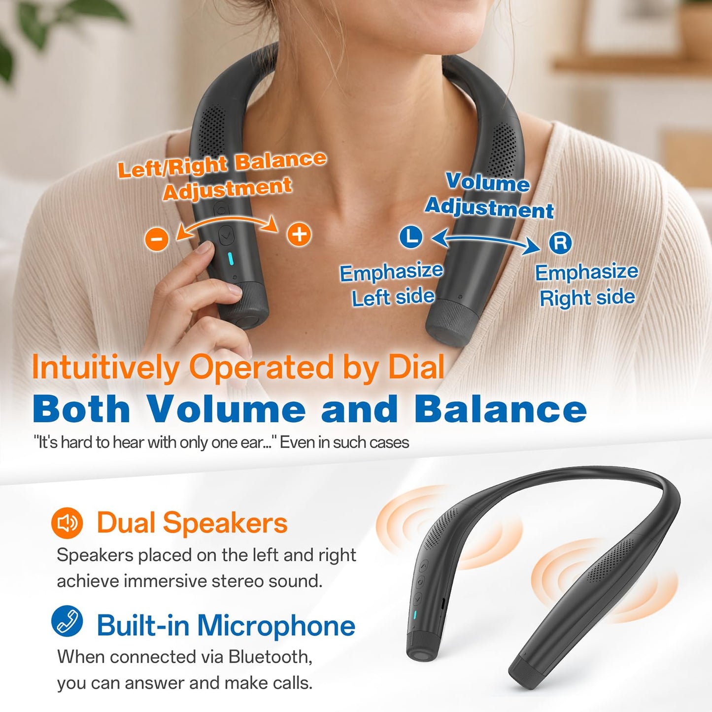 Evinof - Altavoz Bluetooth inalámbrico con banda para el cuello, cómodo y ligero, con tecnología para trabajar desde casa, micrófono integrado, 24 horas de duración de la batería