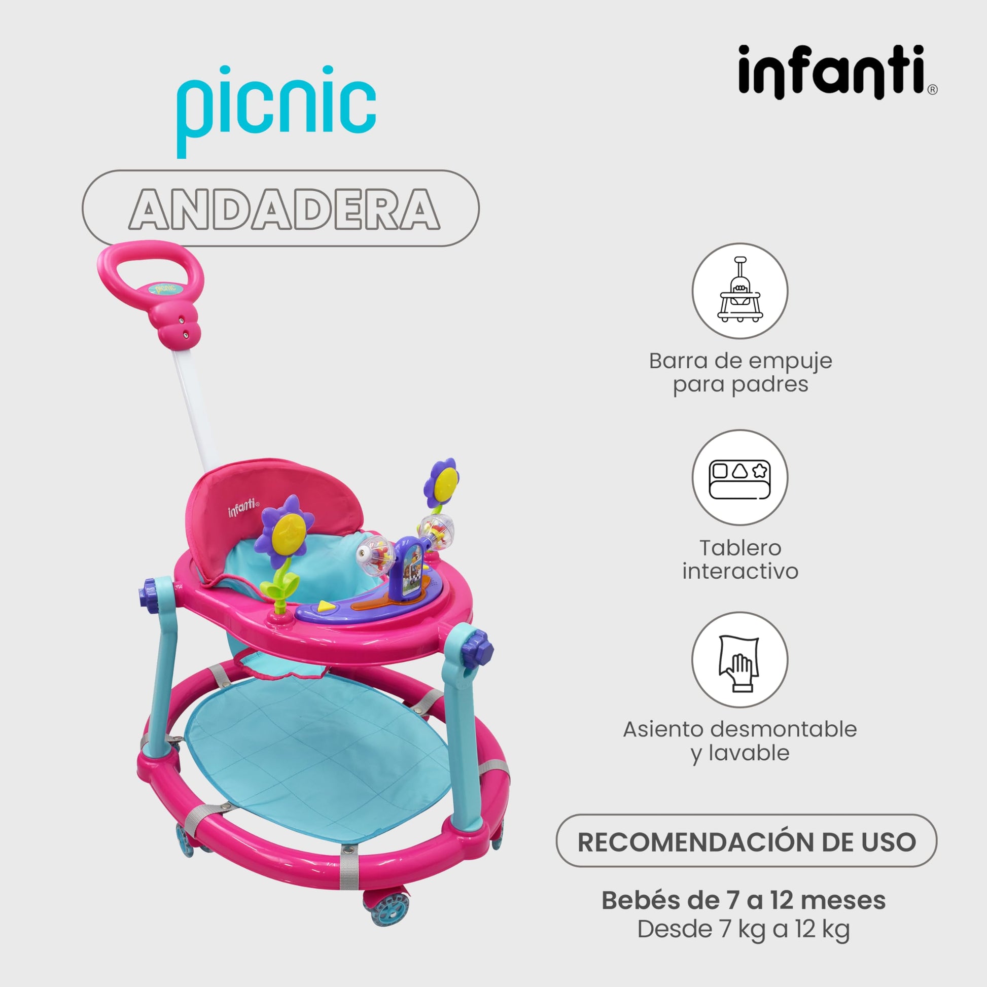 INFANTI | Andadera para Bebe - Juguetes para Niña | Juguetes para Niña - Juguetes para Bebe | Andador para Bebe | Con Paseador y Juguetero Musical - Cosas para Bebes