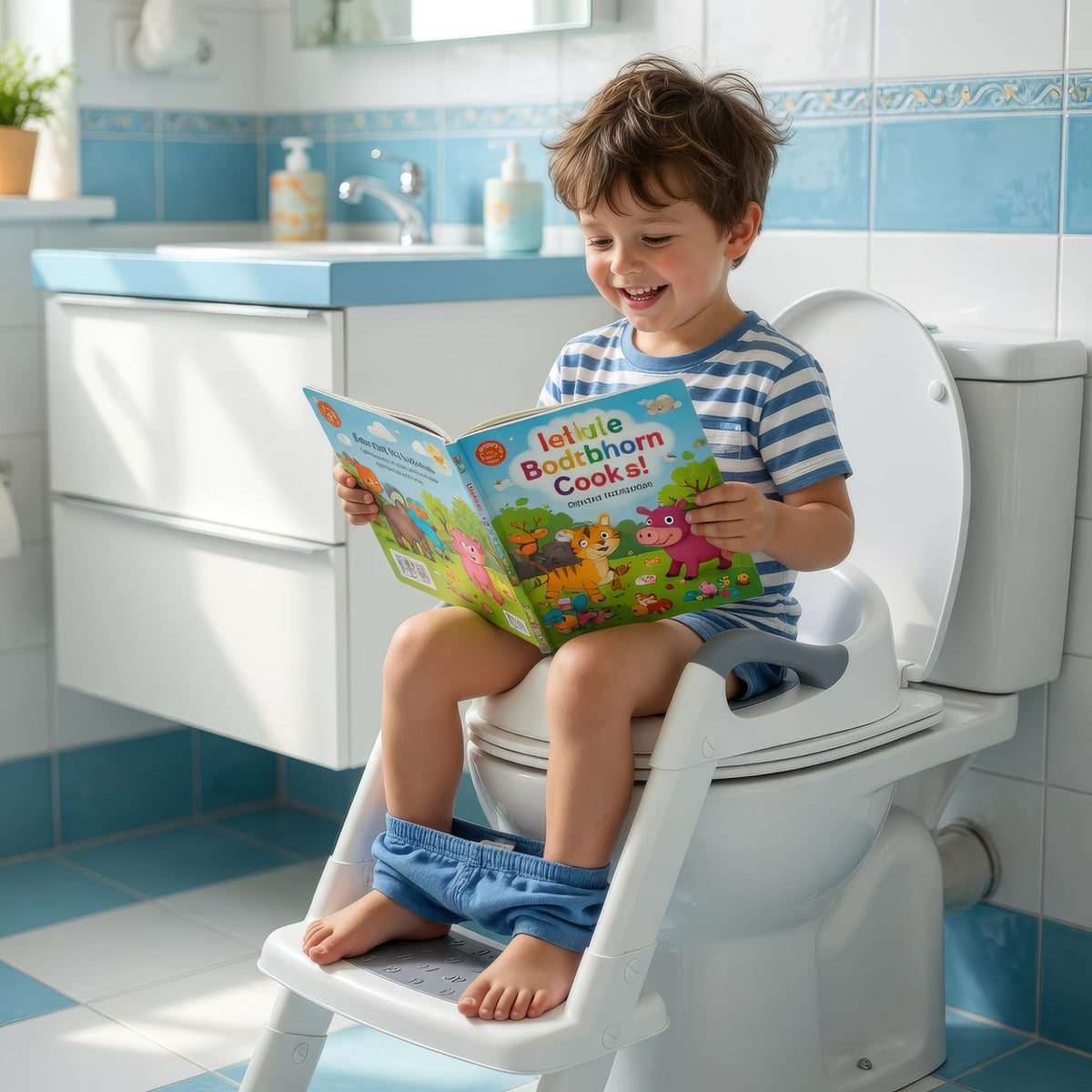 Timotech Asiento de Entrenamiento para Baño con Escalera Plegable y Cojín Suave, Adaptador de Inodoro Infantil con Agarraderas de Seguridad y Escalón Antideslizante para Niños y Niñas, Gris/Blanco
