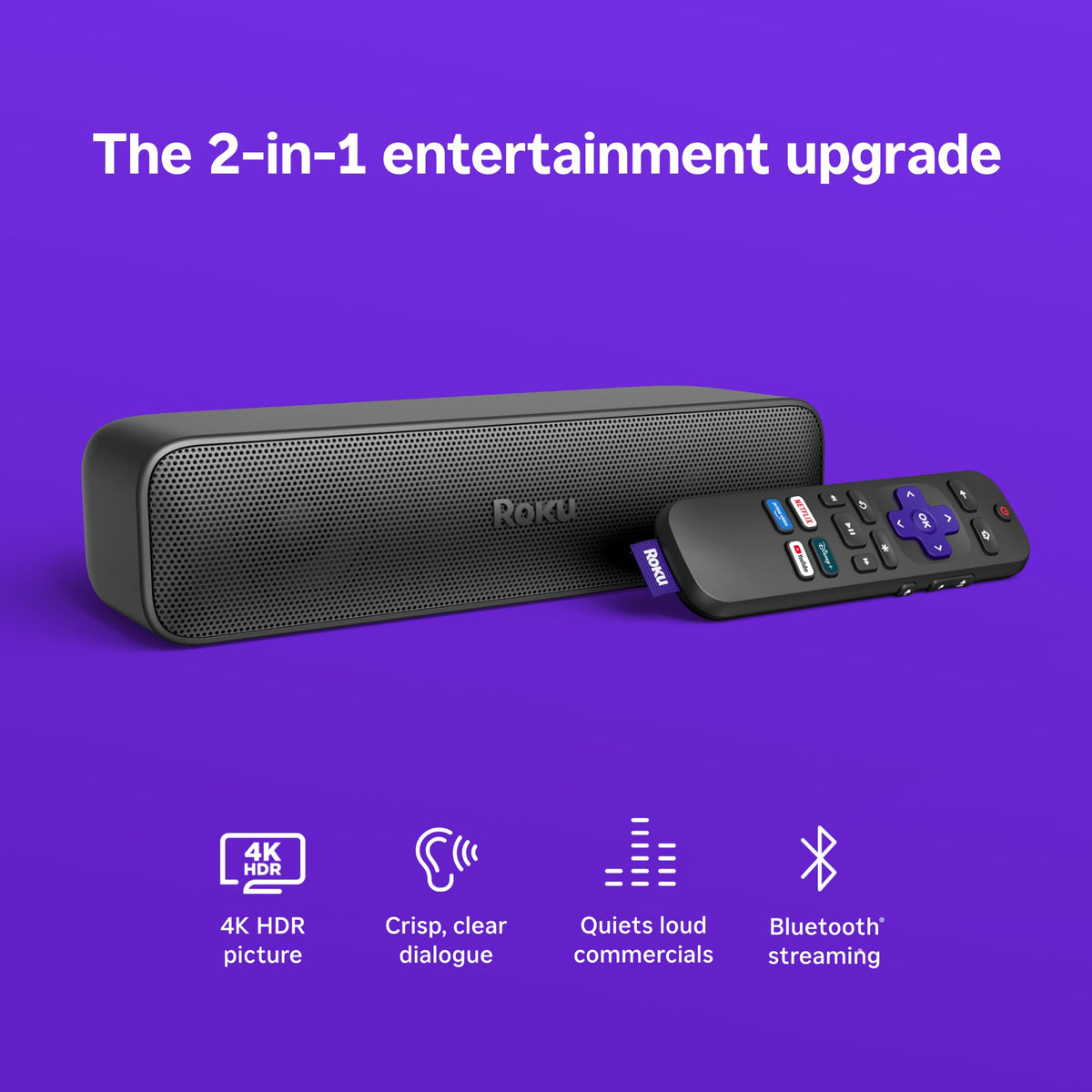 Barra de Sonido Roku Negra con Transmisión 4K HD HDR y Claridad de Voz Mejorada para TV