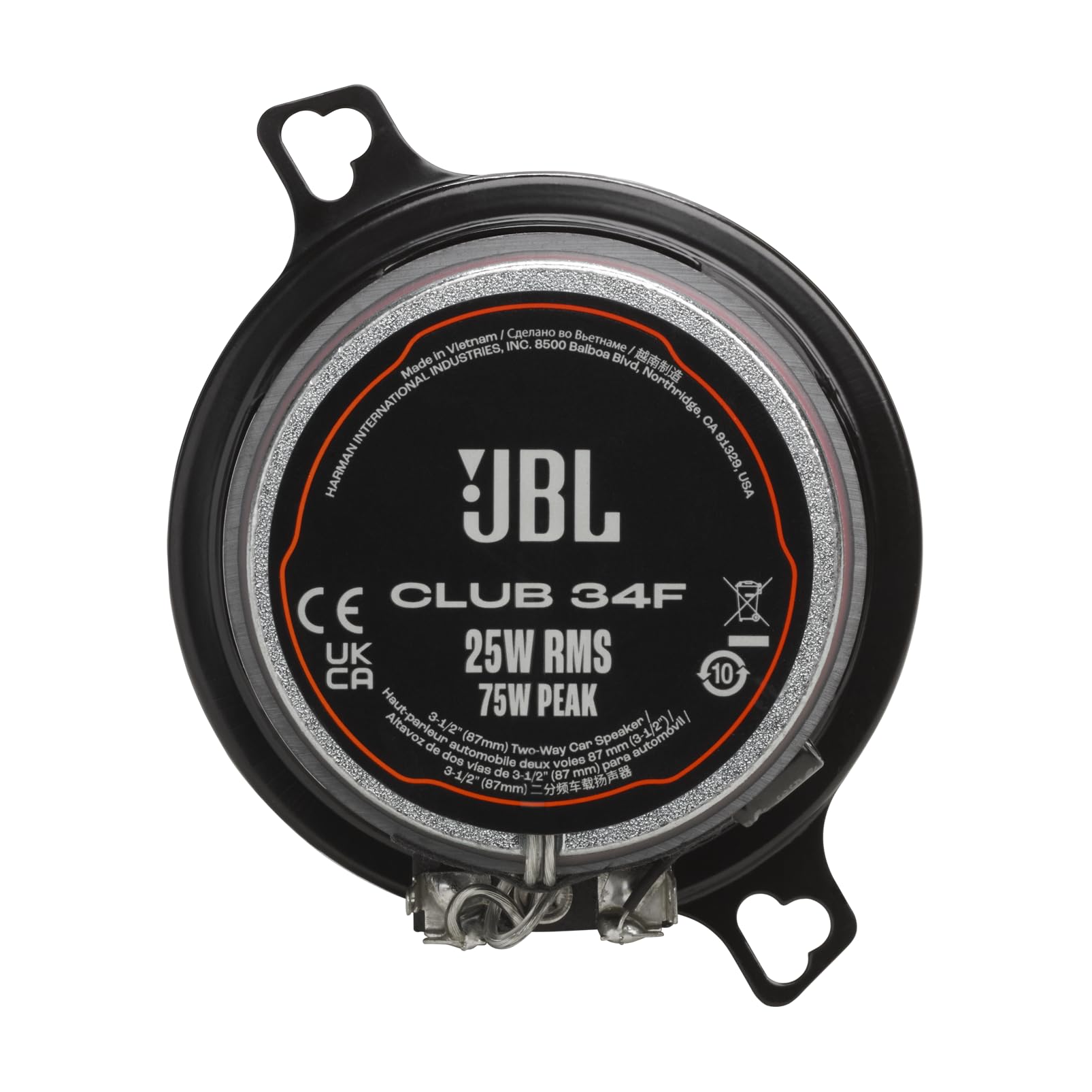 JBL Club 34F - Altavoz bidireccional de 87 mm, Pico de 75 vatios, 25 vatios RMS, sensibilidad (@ 2.83V): 89dB, Respuesta de frecuencia: 90Hz - 20kHz, impedancia Nominal: 3.0 ohmios