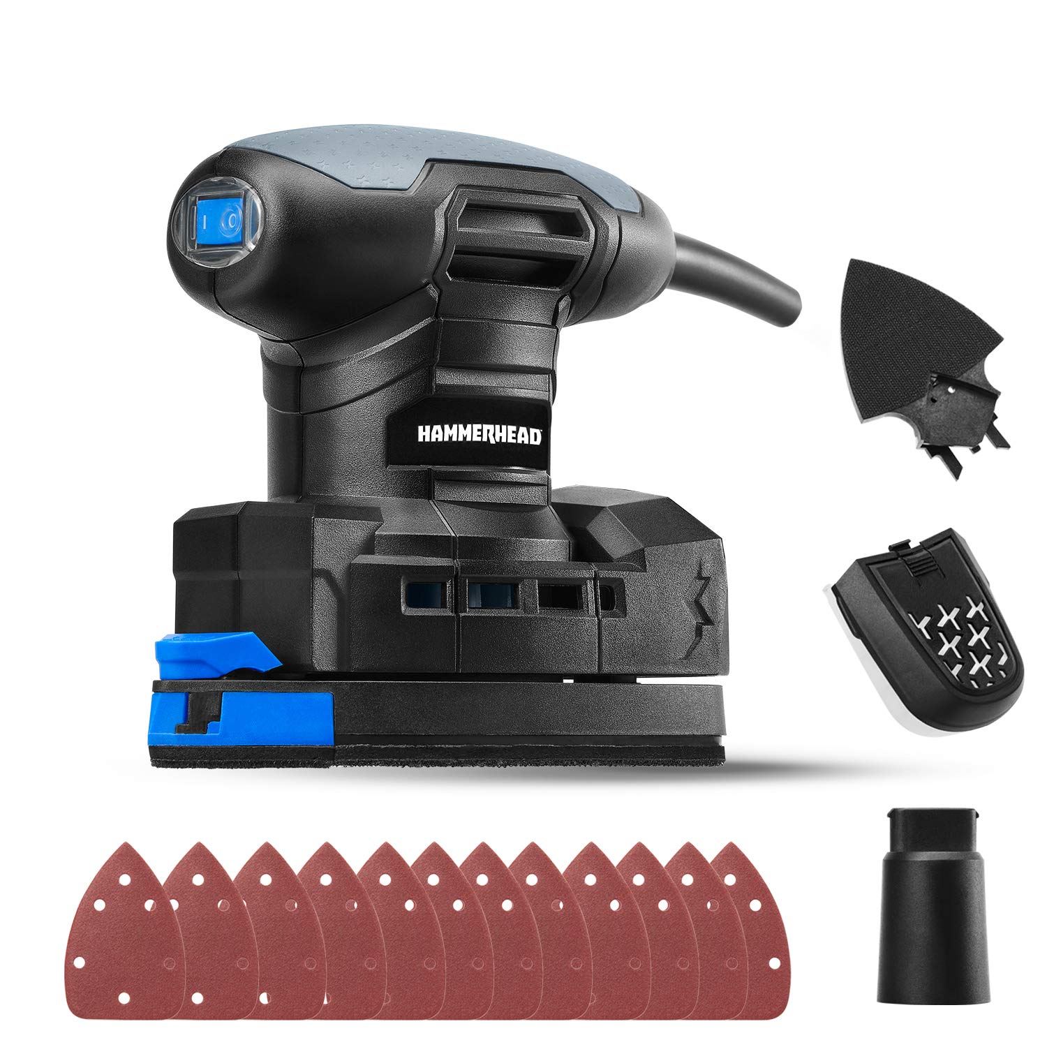 Hammerhead Lijadora de detalles multifunción de 1,4 amperios con 12 piezas de papel de lija, sistema de recogida de polvo y accesorio de detalle - HADS014