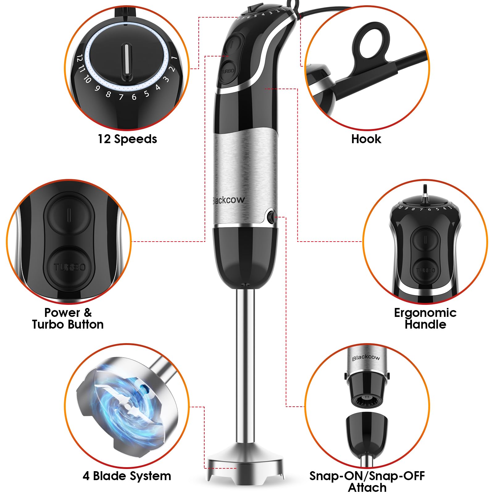 Blackcow - Licuadora de inmersión con cable de mano para cocina, licuadora de emulsión de acero inoxidable con gancho, mezclador de mano eléctrico con 12 velocidades y turbo, para batidos, sopa,
