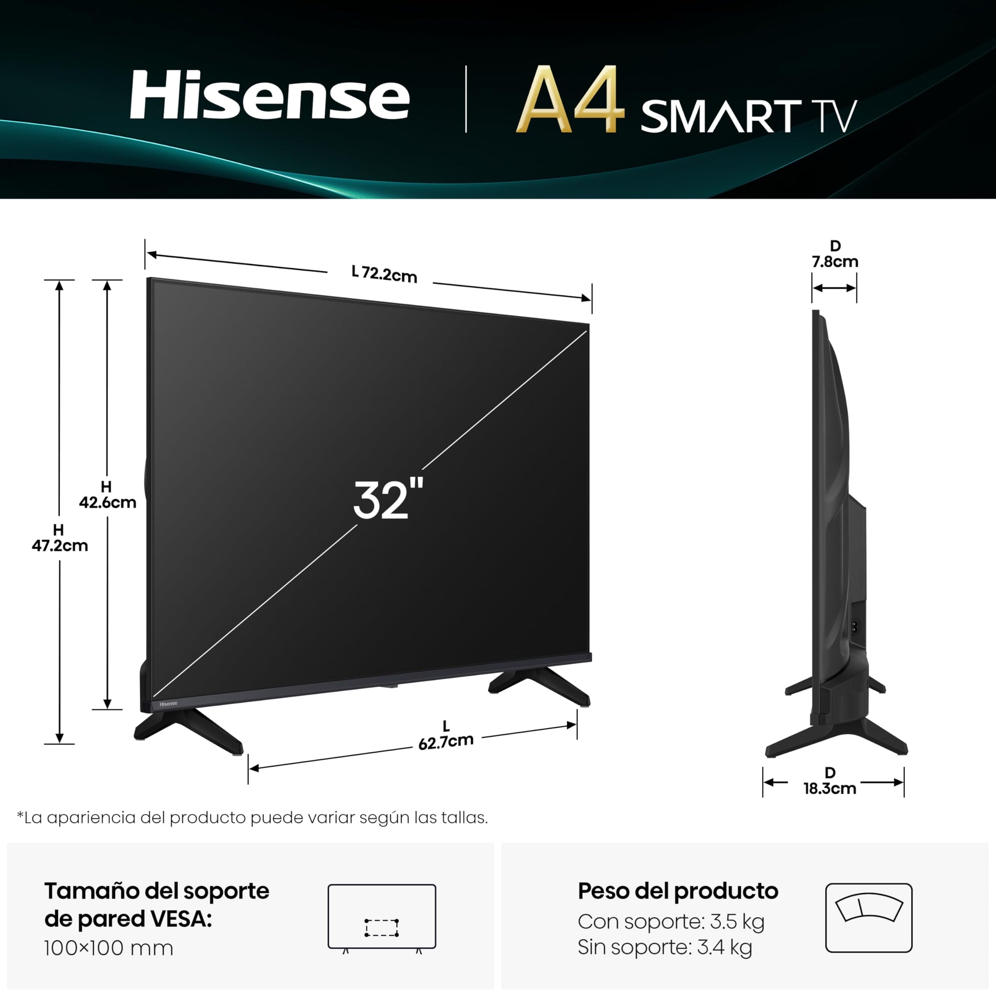 Hisense Pantalla 32" Pulgadas Smart TV VIDAA 32A4NV
