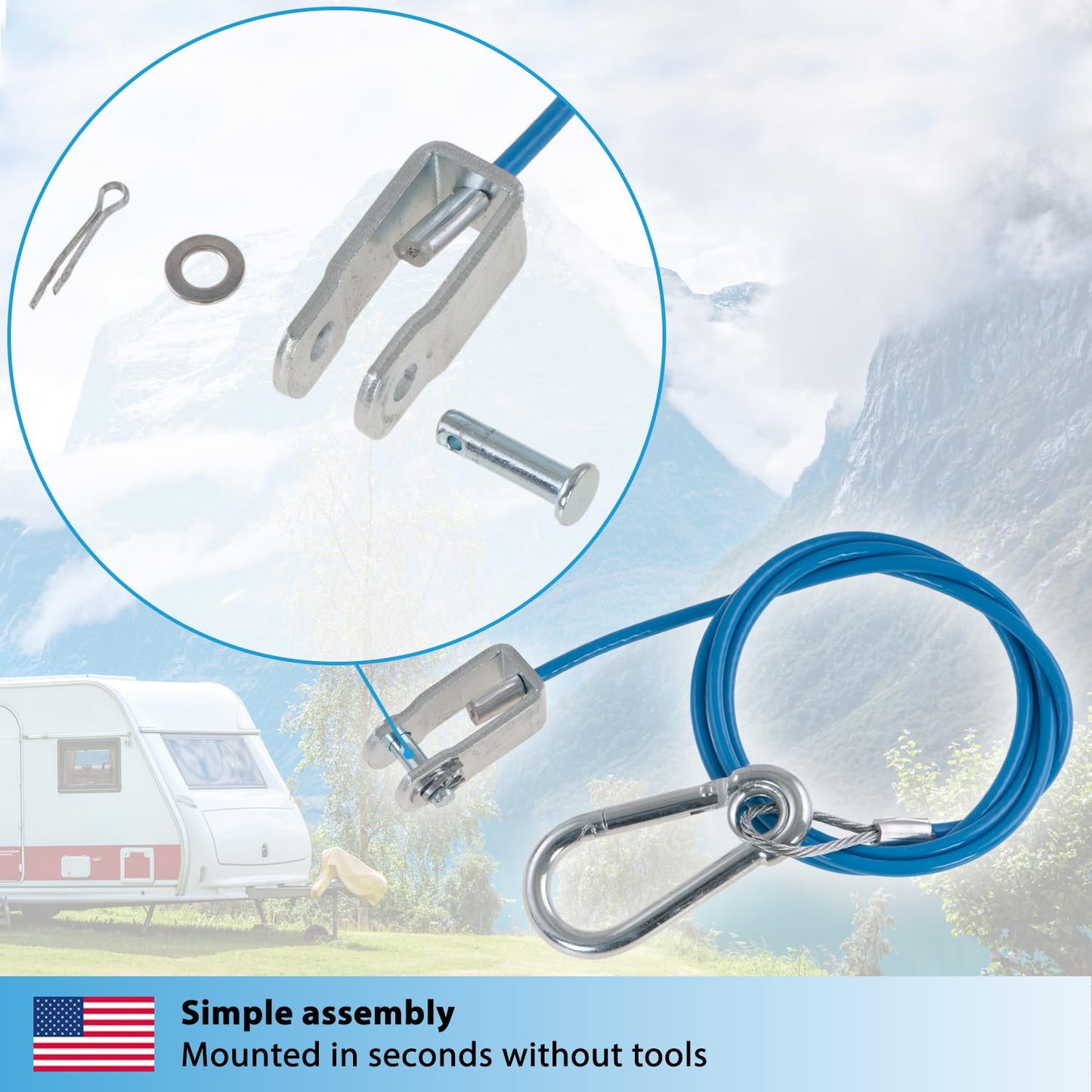Valonic Cable Breakaway para remolques y caravanas, 1 m, azul, con mosquetón, 250 kg de resistencia a la rotura, cable Breakaway con cabeza de horquilla (grillete), Ripcord, cable Breakaway