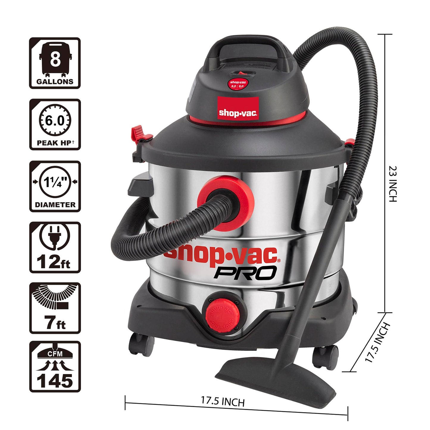 Aspiradora Húmeda y Seca Shop-Vac Tanque Acero Inoxidable 8 Galones Portátil con Accesorios Multifuncionales