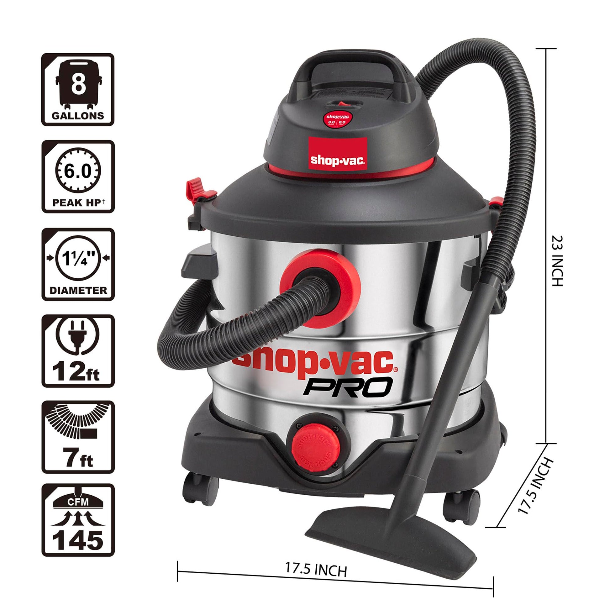 Aspiradora Húmeda y Seca Shop-Vac Tanque Acero Inoxidable 8 Galones Portátil con Accesorios Multifuncionales