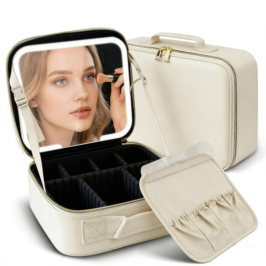 Cosmetiquera para Maquillaje con Espejo y Luz, 6 Divisores Ajustables-Beige