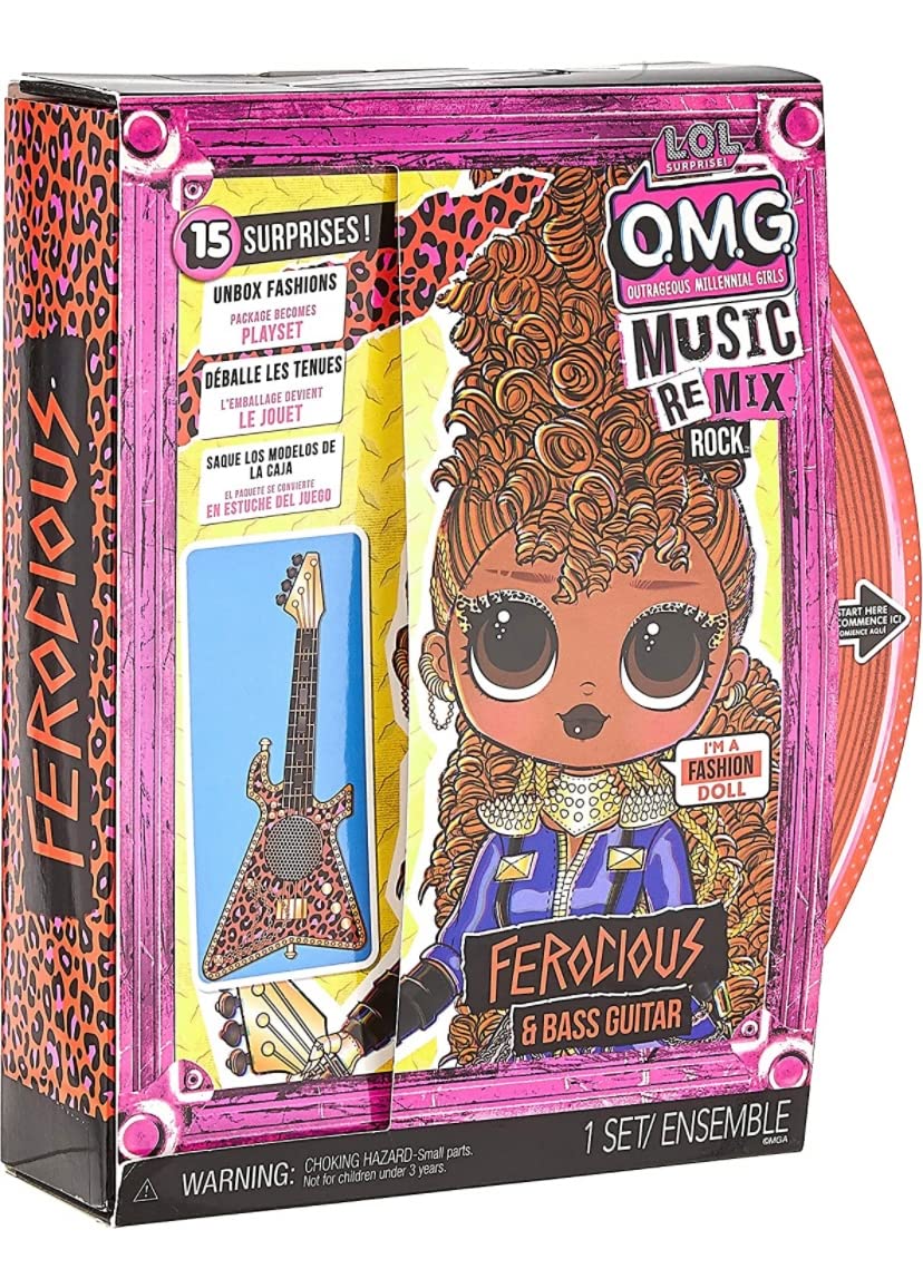 L.O.L. Surprise! OMG Remix Rock Muñeca Ferocious - 15 sorpresas Que Incluyen bajo, Vestido, Zapatos, Cepillo, Soporte para muñecas, Letras y Paquete de Tocadiscos - Edad: 4+