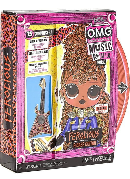 L.O.L. Surprise! OMG Remix Rock Muñeca Ferocious - 15 sorpresas Que Incluyen bajo, Vestido, Zapatos, Cepillo, Soporte para muñecas, Letras y Paquete de Tocadiscos - Edad: 4+
