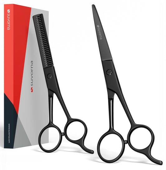 Suvorna Juego de tijeras de corte de pelo de 6,5 pulgadas con tijeras de adelgazamiento para peluqueros, peluqueros y uso doméstico - Juego de tijeras de pelo para adelgazar y cortar (negro)