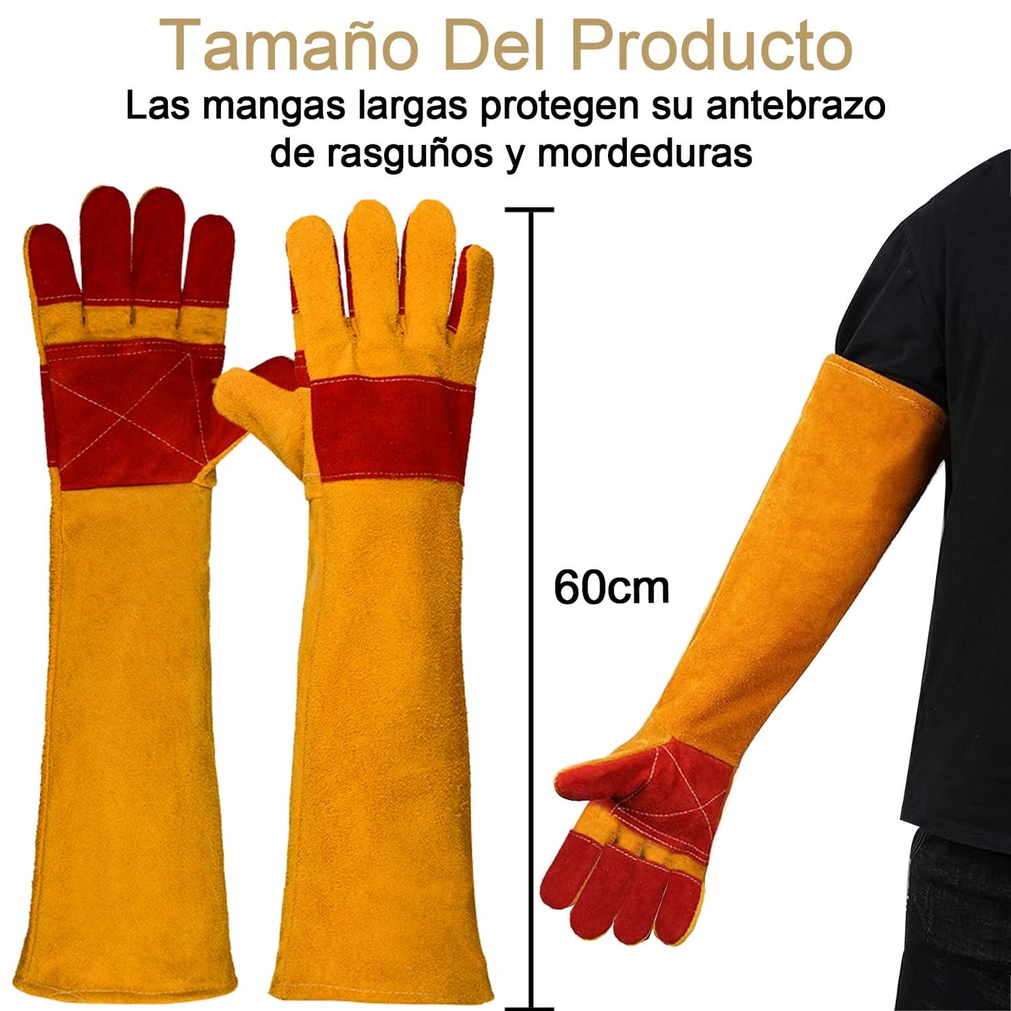Guantes Largos Anti-mordeduras Arañazos de Animal 60cm, Guantes Protector de Agarre Manipulación de Animal, Guantes de Manejo Cuero Duraderos para Perro Gato Pájaro Serpiente Lagarto Reptile