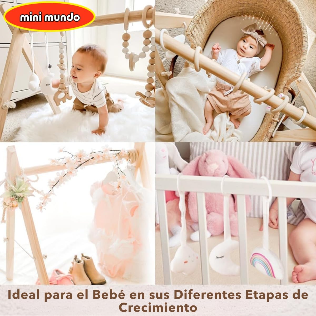 Gimnasio de Madera Natural Mini Mundo Plegable con 6 Juguetes para Bebés