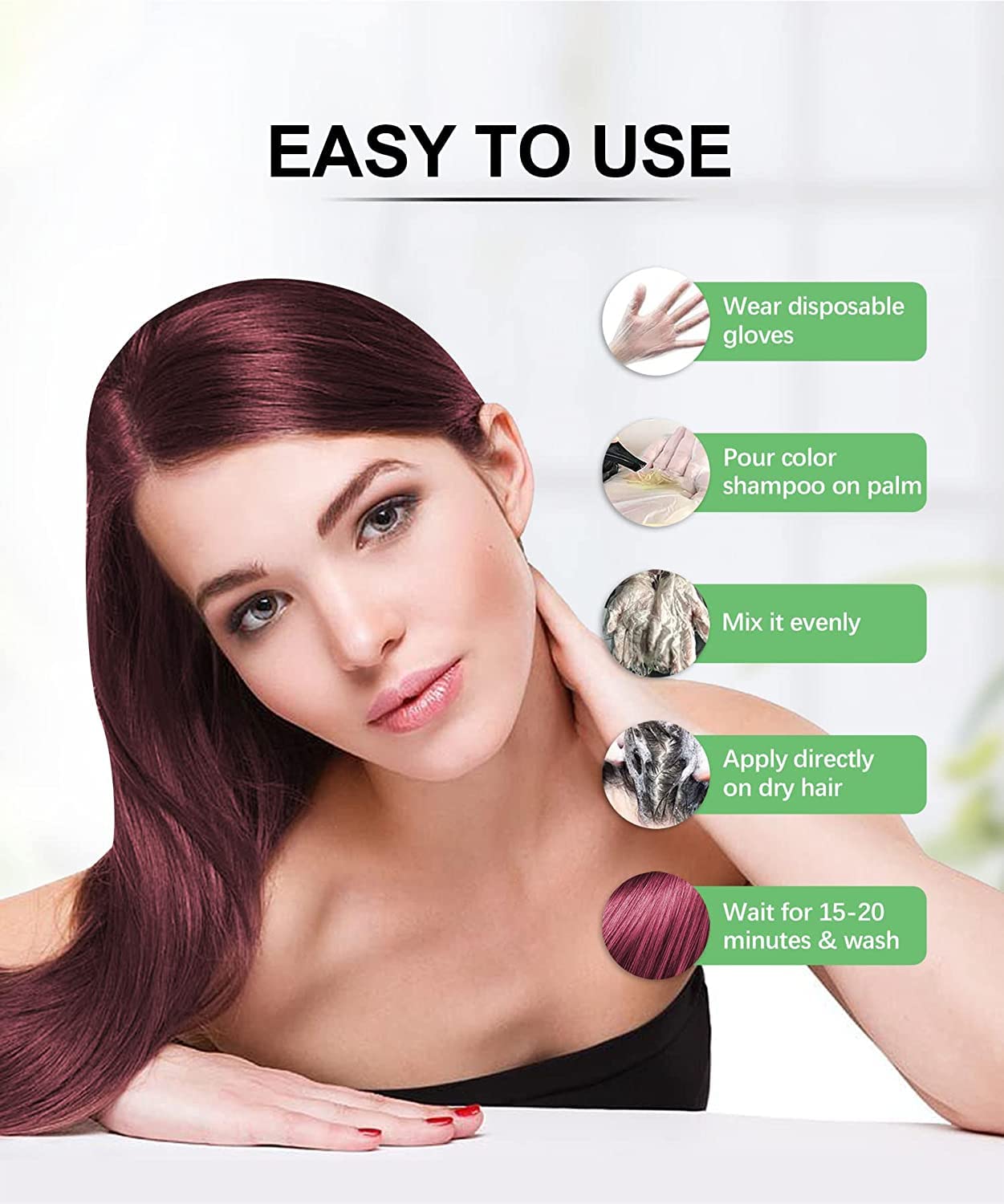 Herbishh - Champú colorante para cabello gris, champú con tinte natural para el cabello, colorea el cabello en minutos, dura hasta de 3 a 4 semanas, 500 ml, tinte de cabello 3 en 1, sin amoniaco | (rojo vino)