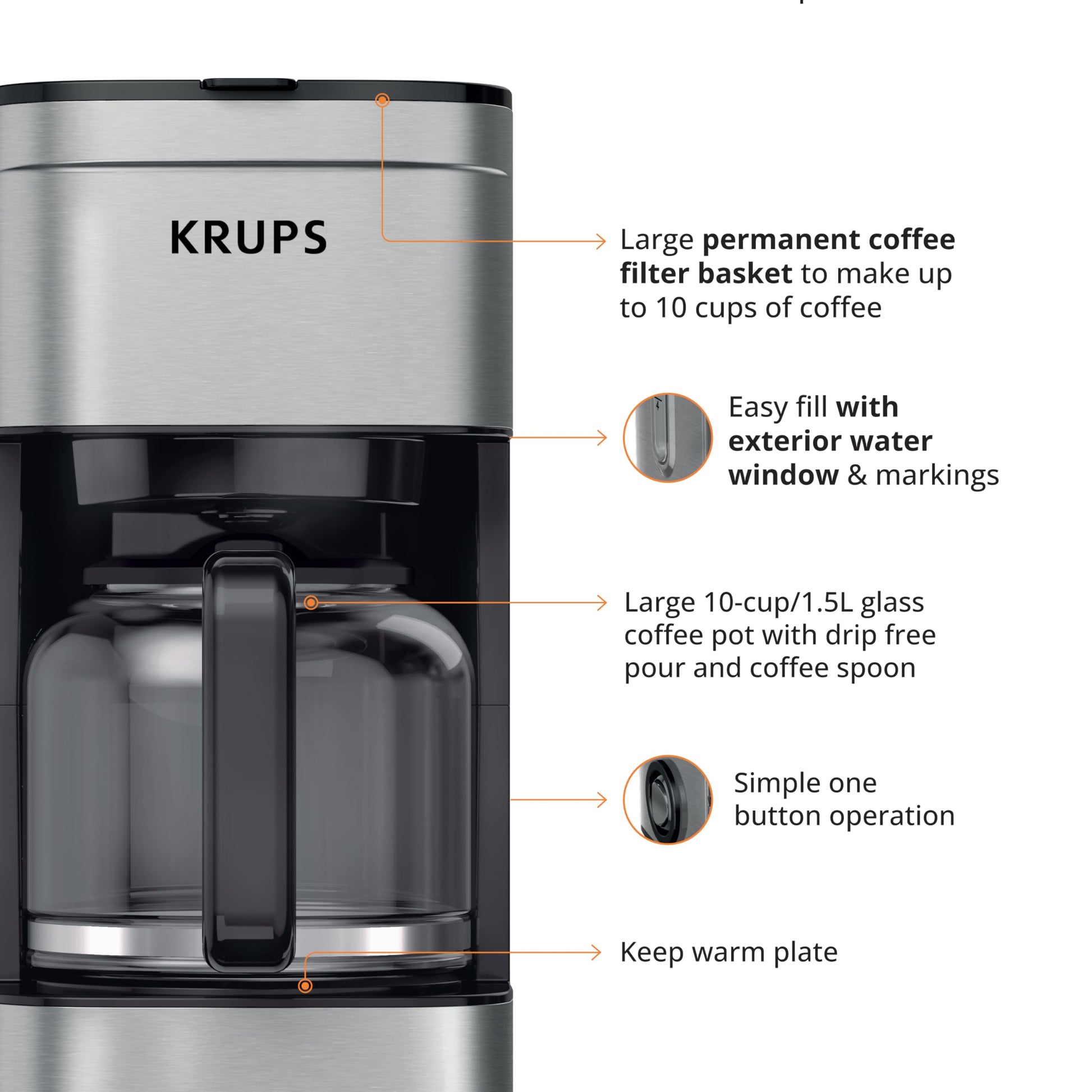 KRUPS Cafetera de Filtro Permanente Simply Brew Family Inoxidable, capacidad para preparar 10 tazas de café, incluye filtro permanente y cuchara dosificadora, 900 W, KM203D50
