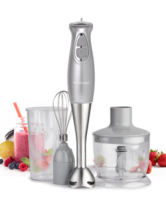 BETTY CROCKER Batidora de inmersión para el hogar y la cocina, mezclador de mano eléctrico de 2 velocidades con hoja de acero inoxidable, vaso de precipitados y batidor, batidora portátil de 250 W con mango ergonómico, color plateado