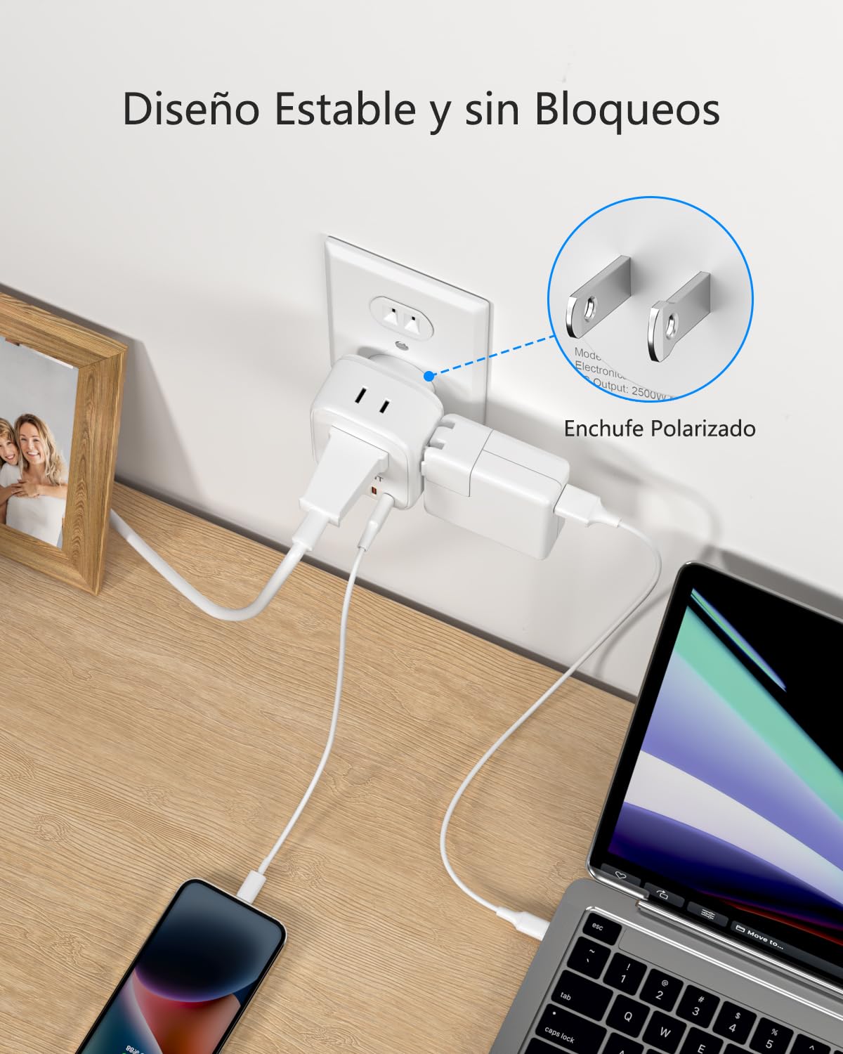 LENCENT 1X Adaptador de Enchufe Americano Tipo A, Adaptador de 3 a 2 Clavijas con Enchufe Polarizado, Cargador con 4 Salidas CA&4 USB (2 USB C), Extensor de Enchufe de 2 Clavijas sin Toma de Tierra