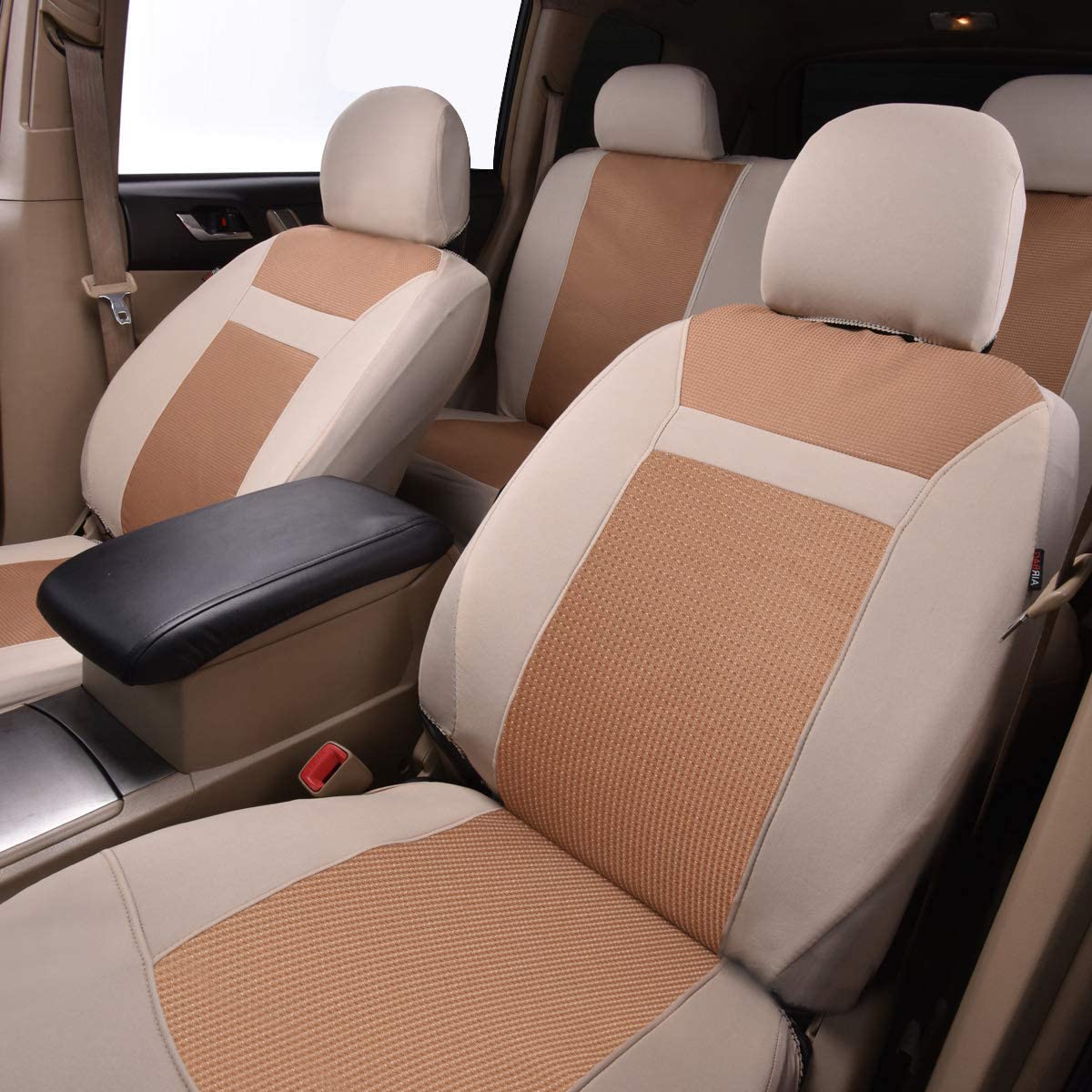 Flying Banner Car Seat Covers Full Set Universal fit Most Car,Truck,SUV and Van Comfortable Airbag Compatible Jacquard & Polyester (Beige Beige, Full Set - Low Back)
