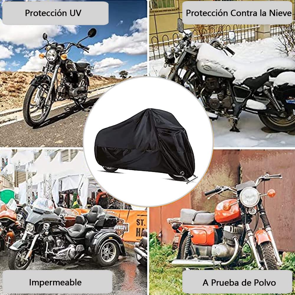 Funda para Motocicleta Cubierta de Moto Impermeable - Tejido de Poliéster Recubierto 190T, 230 x 95 x 125 CM para Motocicletas como Honda, Yamaha, Suzuki, Harley y más (XL, Negro)