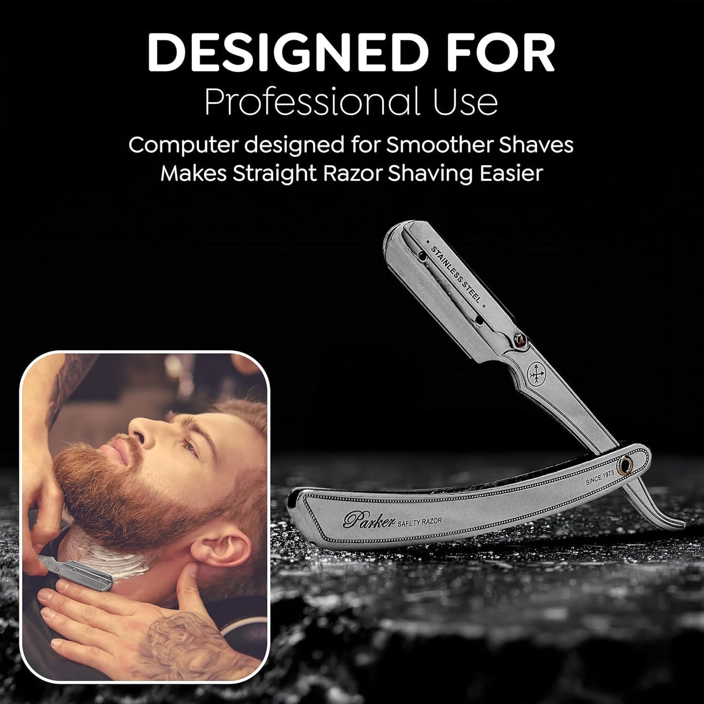 Parker SRX - Maquinilla de afeitar profesional de borde recto 100% acero inoxidable para hombres y 5 cuchillas Parker de borde recto premium – Diseñado para barberías y salas de afeitar