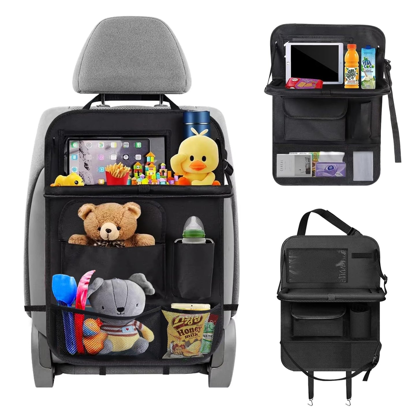 Organizador para Asiento Trasero de Auto con Bandeja, Bolsa de Almacenamiento y Protector de Asiento para Coche, Accesorio Esencial para Niños y Viajes Familiares en Carretera (Negro 1 pieza)