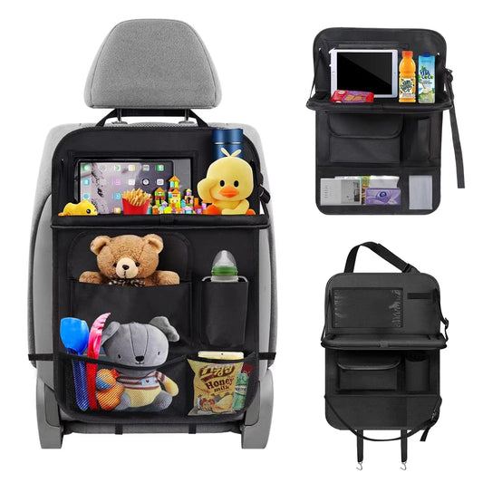 Organizador de Asiento Trasero para Coche Negro con Bandeja y Protector, Esencial para Viajes Familiares y Niños