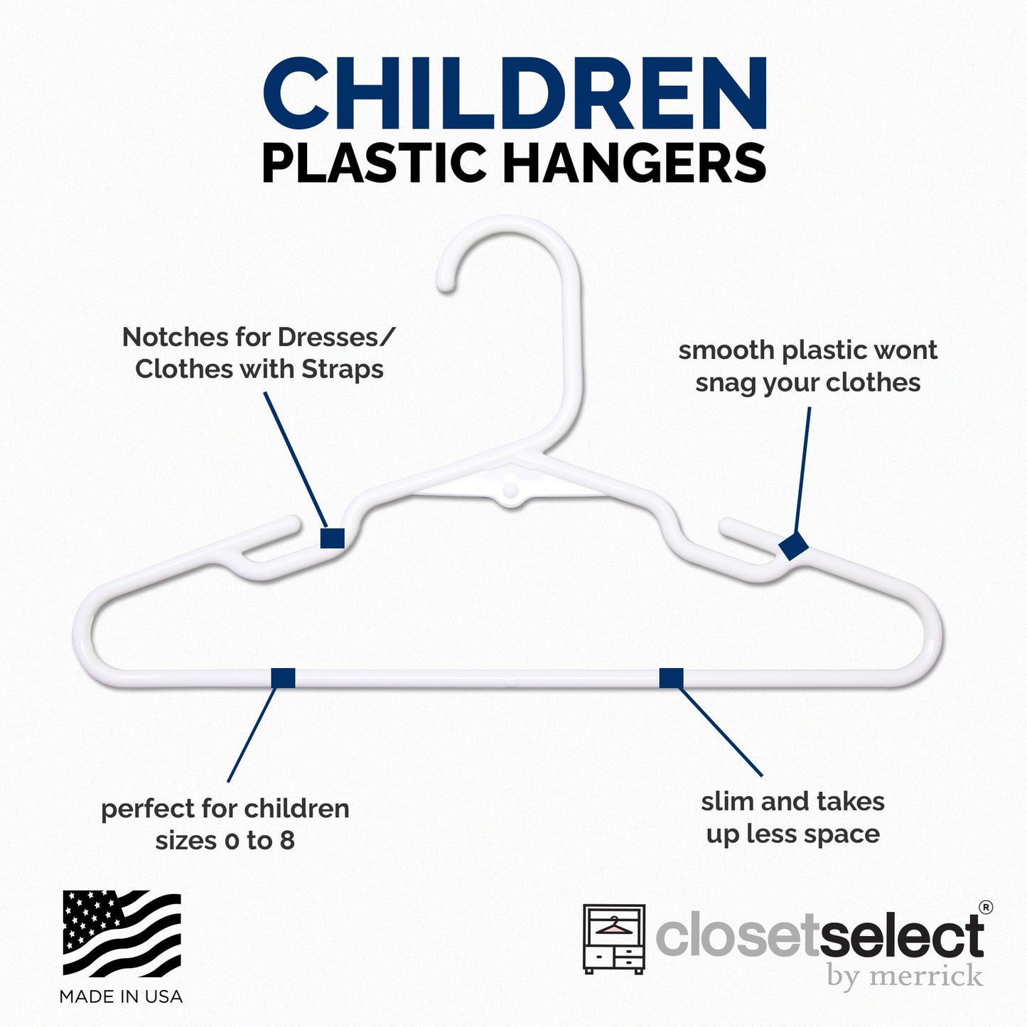 Closetselect - Paquete de 30 perchas de plástico para niños, de 11.75 pulgadas, para clóset, perchas de bebé para ropa de niños, tallas 0 a 8, perchas antideslizantes para bebés con ranuras para los