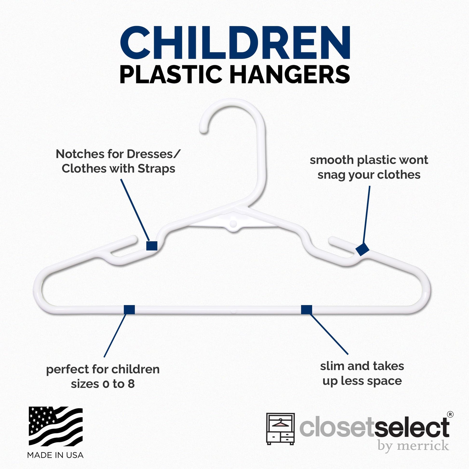 Closetselect - Paquete de 30 perchas de plástico para niños, de 11.75 pulgadas, para clóset, perchas de bebé para ropa de niños, tallas 0 a 8, perchas antideslizantes para bebés con ranuras para los