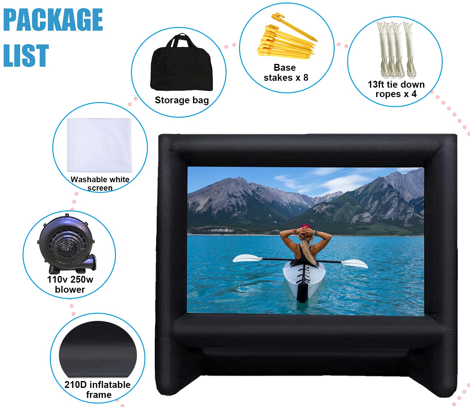 AZXRHWYGS Pantalla de película inflable de 20 pies para cine al aire libre con soplador de bolsa de transporte para proyección delantera y trasera, cine en casa, patio trasero, diversión en la piscina