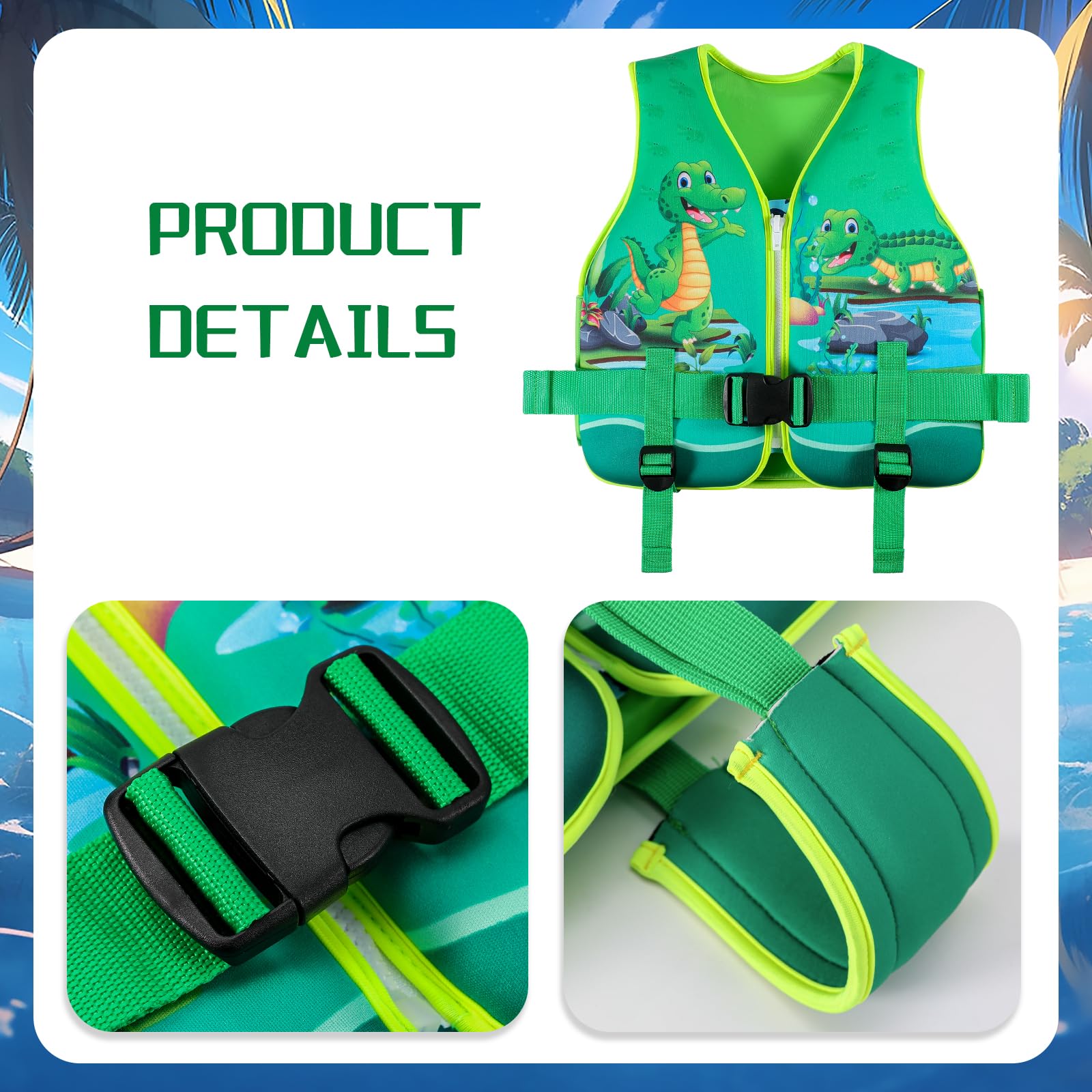 Chaleco de Natación Jurmickey Dinosaurio con Correa de Seguridad Ajustable para Niños de 2 a 9 Años