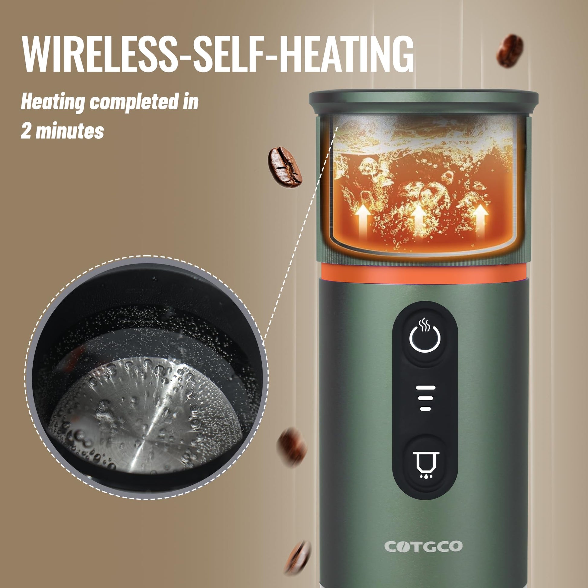 COTGCO - Cafetera portátil para viajes: cafetera portátil, autocalentamiento, haz 8 tazas de café de una carga, café en cualquier momento - Compatible con cápsulas Nespresso - Verde