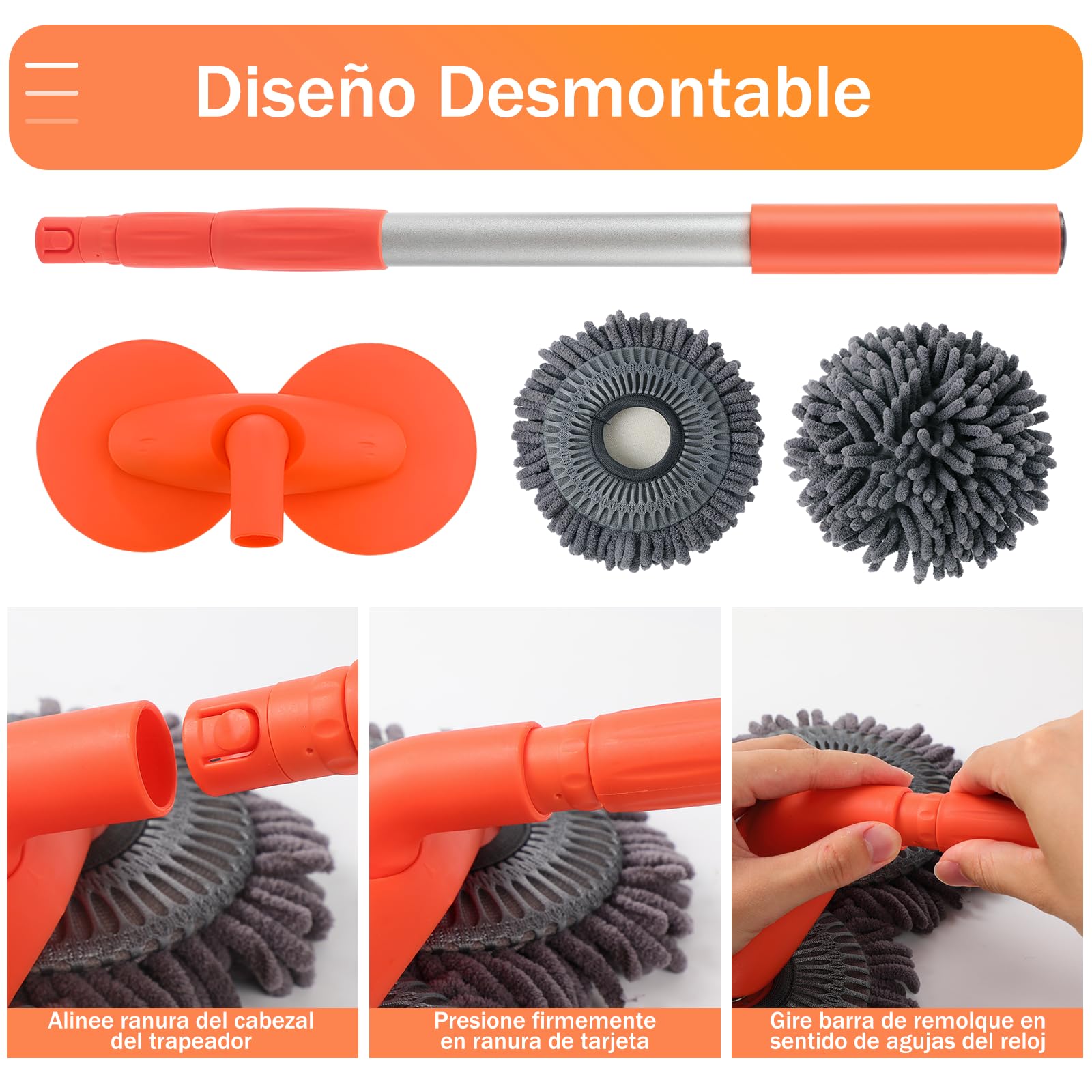 BYHANG Cepillo para Lavar Carros con Mango Largo, Juego de Cepillos para Limpieza de Coches, con 360° Cepillo Giratorio de Doble Cabezal, para Limpiar Coches, Neumáticos (Color Naranja)