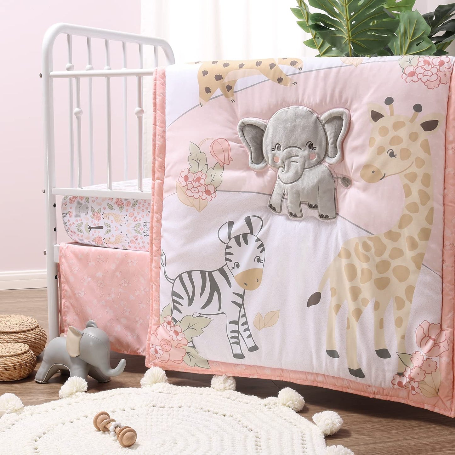 El juego de cama de 3 piezas para cuna The Peanutshell para niñas - Decoración de cama de recién nacida, bebé y niña con sábana ajustable para cuna, volante de polvo, edredón para cuna - Sueños más