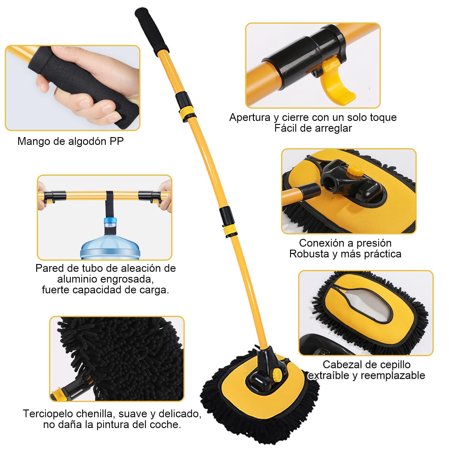 Cepillo para Lavar Carros Curvo 15° con Mango Ajustable de 102 cm, Chenilla Limpieza Auto, Pintura no Dañada, Kit de Lavado para Auto, Cristales, Ruedas, Suelos