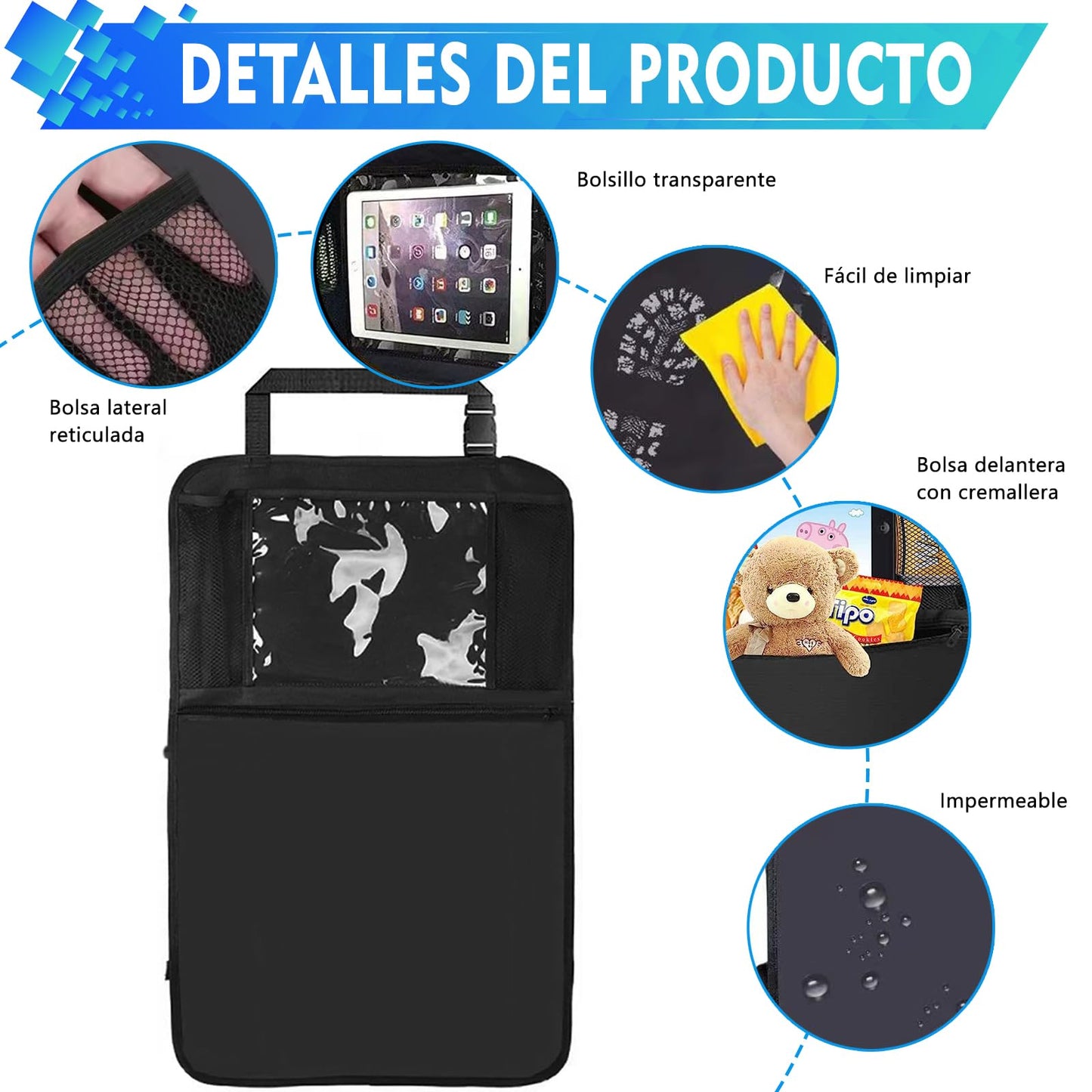 DHZMDS Organizadores Para Asientos De Coches Para Niños Universal, Protector Trasero Del Asiento Con Soporte Transparente Para La Pantalla De La Tableta, Impermeable y Fácil de Limpiar (2 en negro)