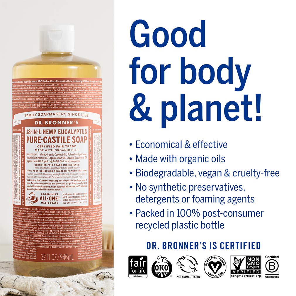Dr. Bronner's | Jabón de castilla orgánico líquido multiusos, fórmula concentrada, frescura herbal y respiración clara, con aceite esencial natural, aroma Eucalipto (946 ml)