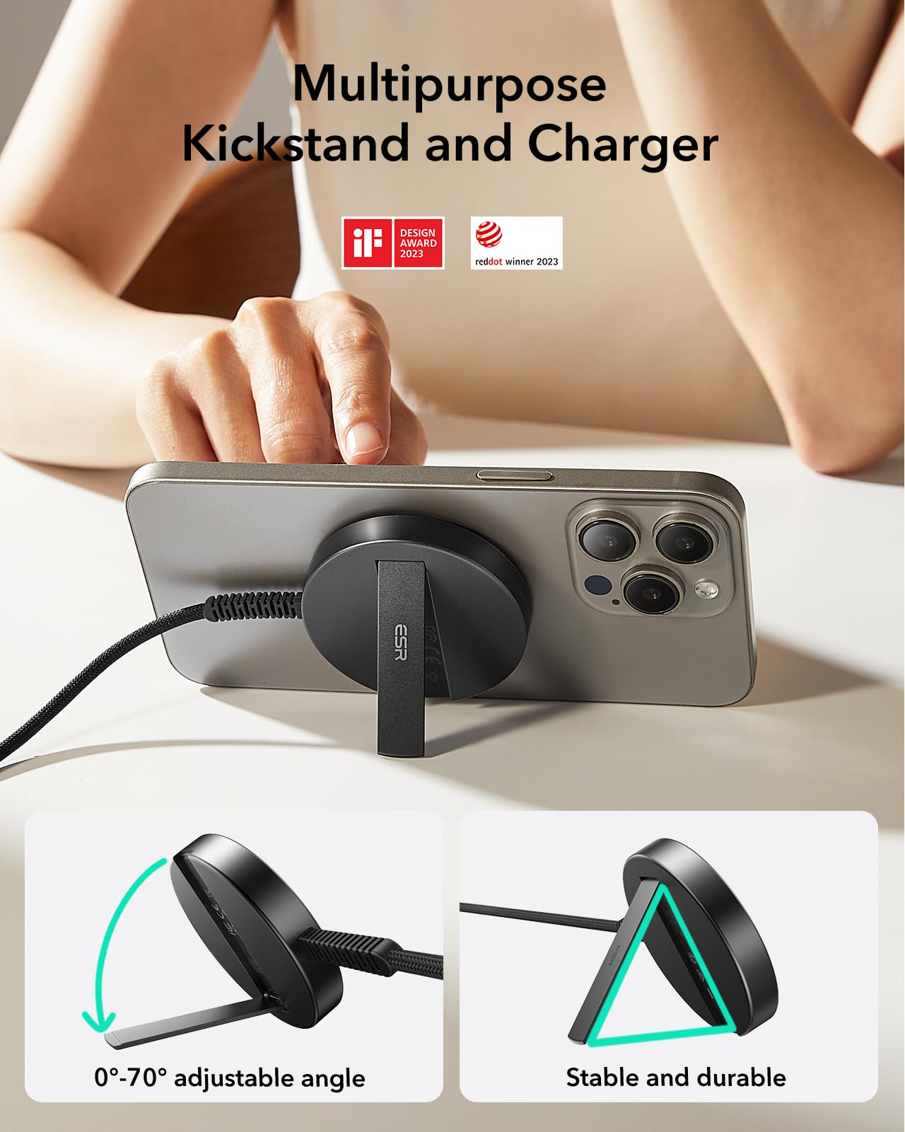 ESR para cargador Magsafe con soporte, cargador inalámbrico de 15 W, cargador Qi2 Magsafe para iPhone 15/14/13/12, AirPods 4/3/Pro/Pro 2, Galaxy S25, almohadilla de carga magnética fuerte con cable
