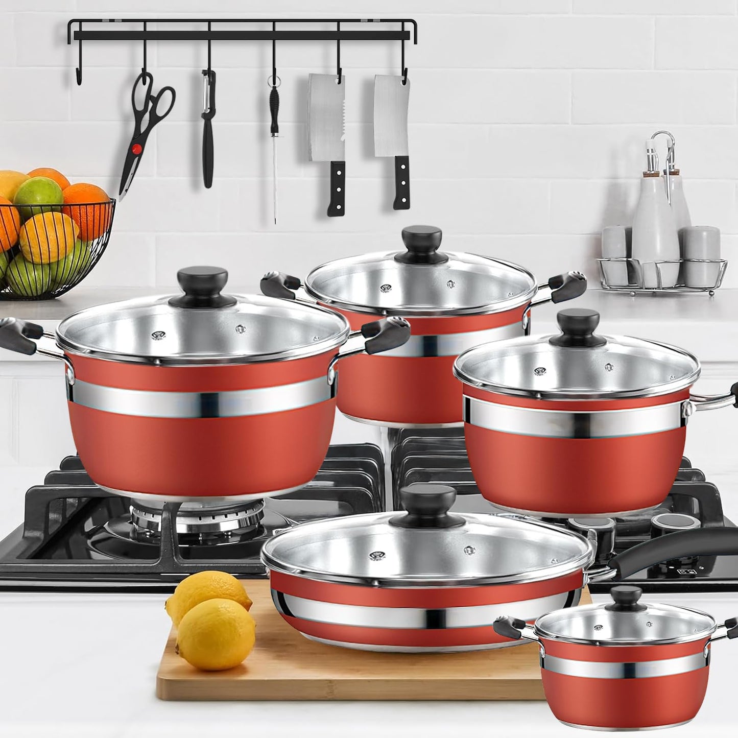 Batería de Cocina NOVRY rojo Antiadherente de Acero Inoxidable para Estufas de Inducción, Eléctricas y Gas 14 Piezas con Cuchillos