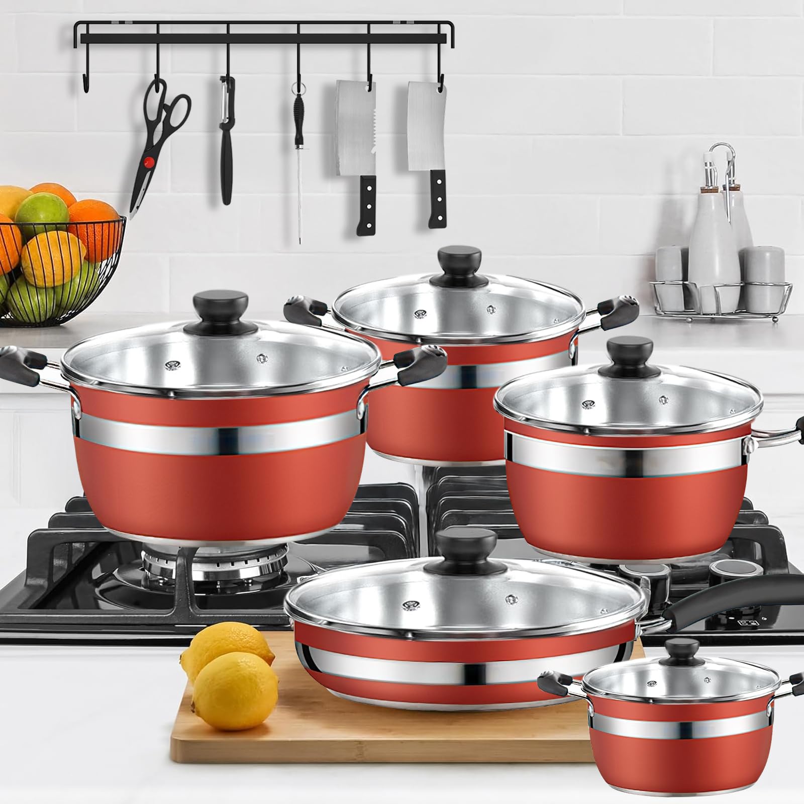 Batería de Cocina NOVRY rojo Antiadherente de Acero Inoxidable para Estufas de Inducción, Eléctricas y Gas 14 Piezas con Cuchillos
